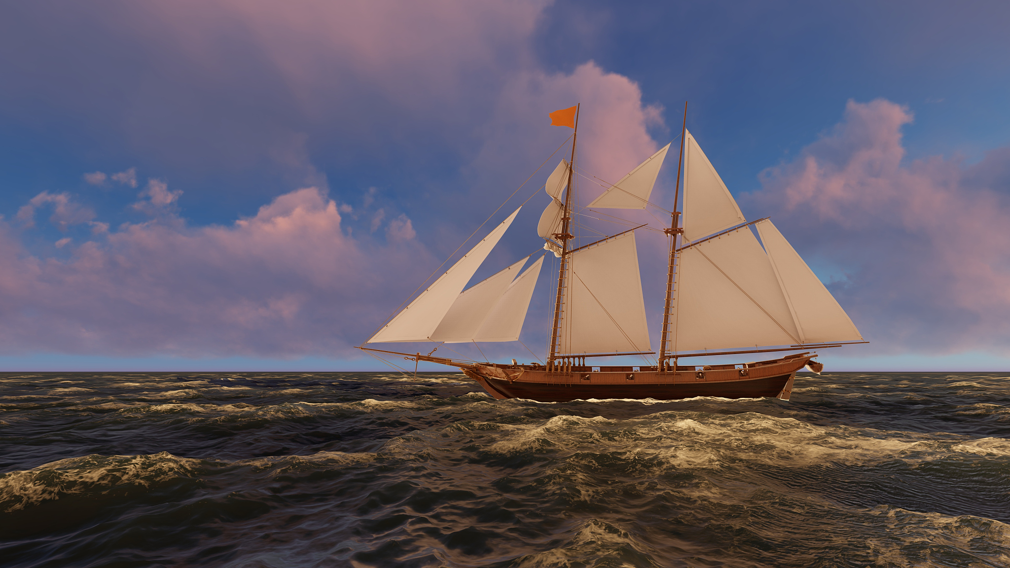 sailboat at sea in the evening at sunset 3d illustration