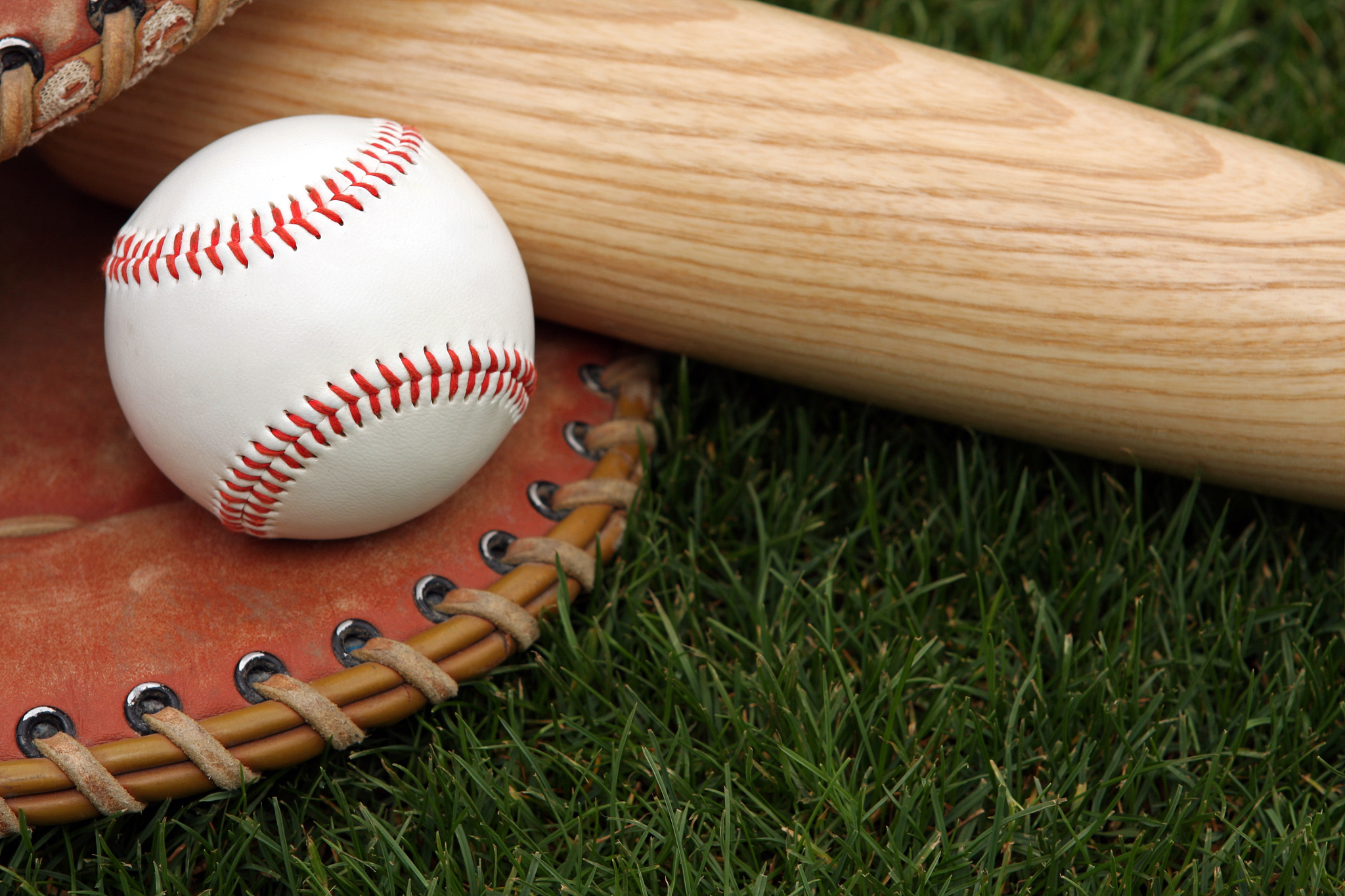baseball & glove near a bat on the grass