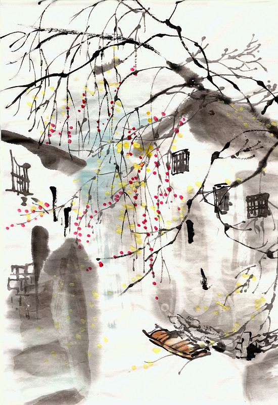 水墨江南：小桥流水，乌篷船与洗衣服的女子