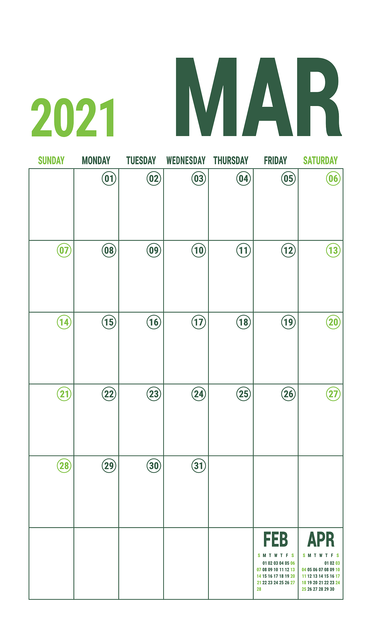 march calendar 2021. english calender template. vector grid. off