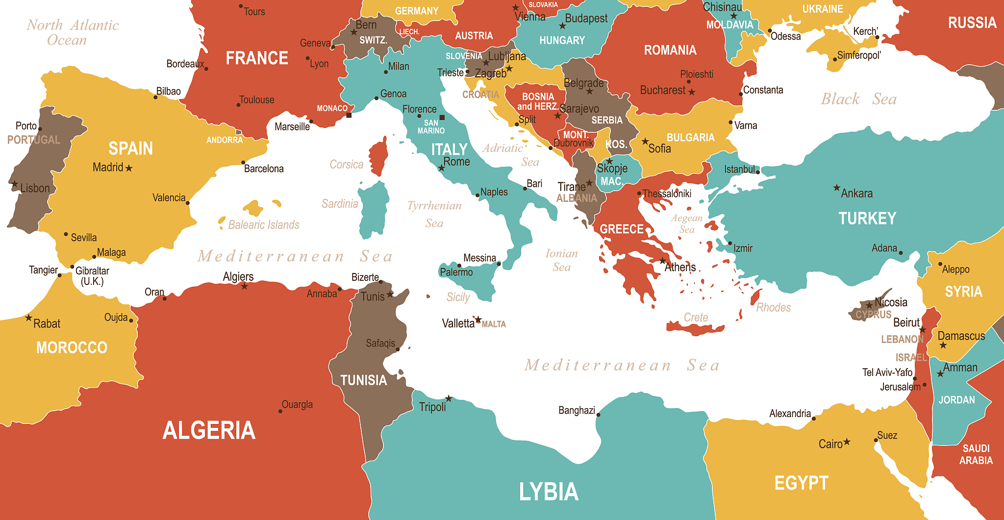 colored mediterranean countries map