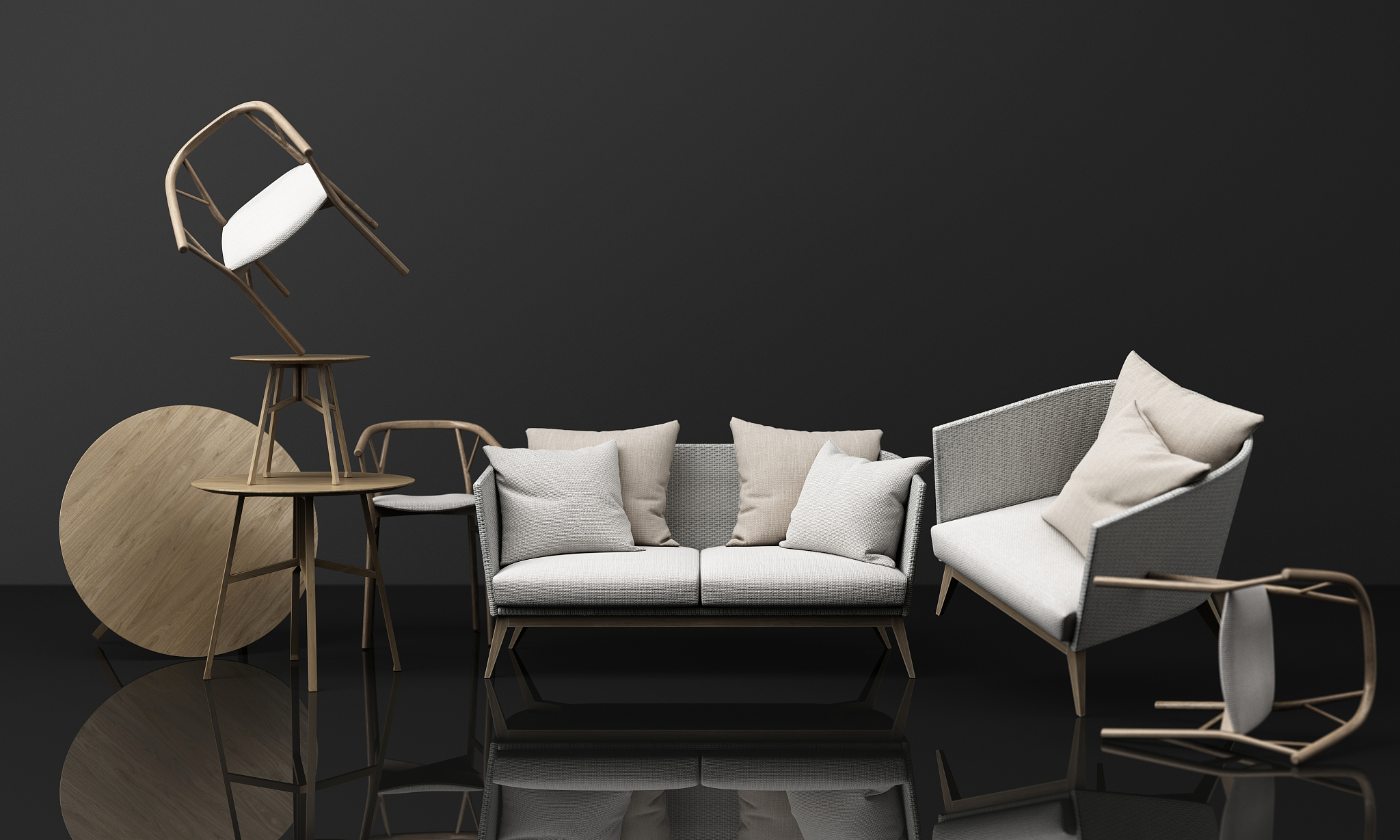 a lot of chairs and coffee table wooden texture with sofa fabric