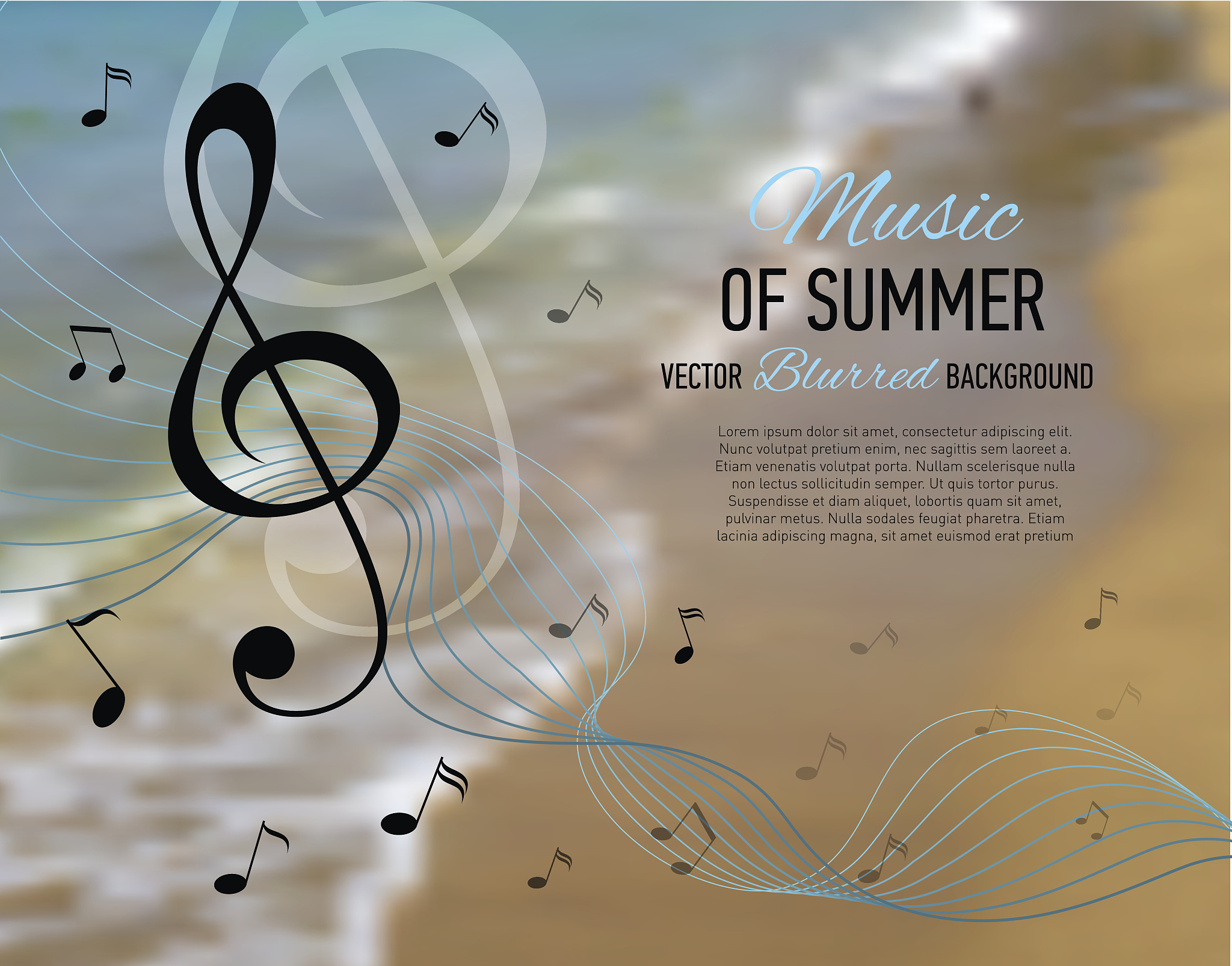 seaside blurred background. music notes and key.