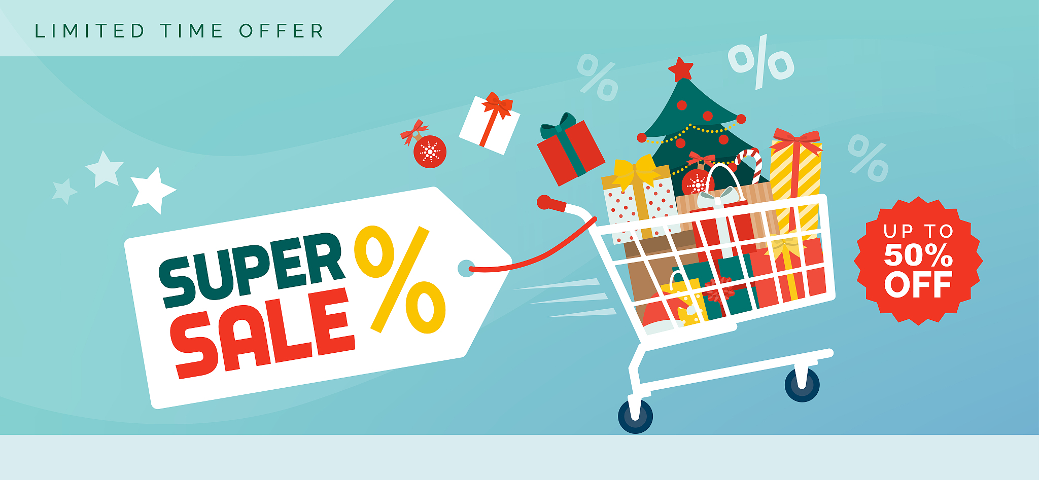 christmas promotional sales banner with shopping cart