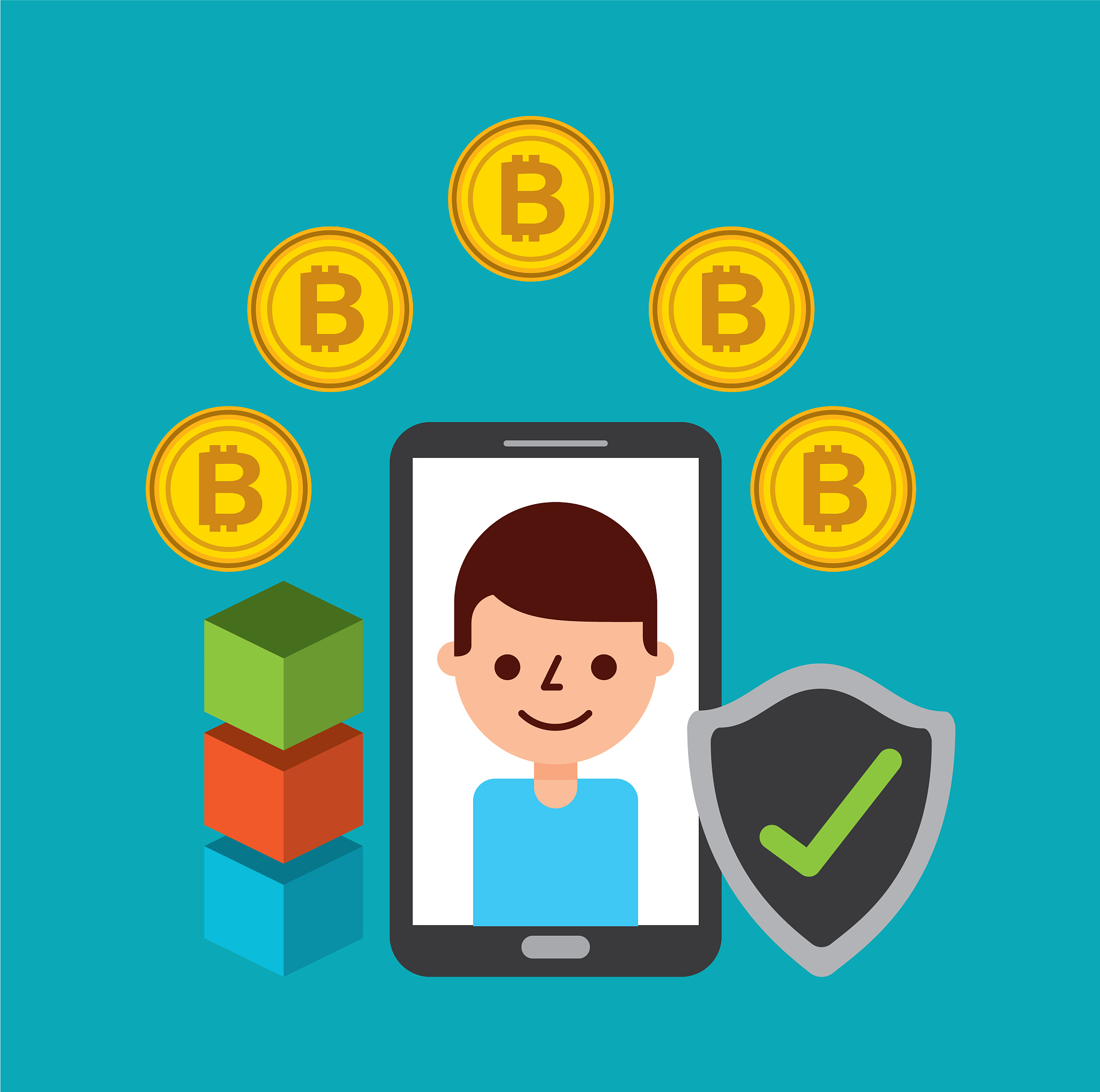 mobile phone man cartoon with bitcoin protection