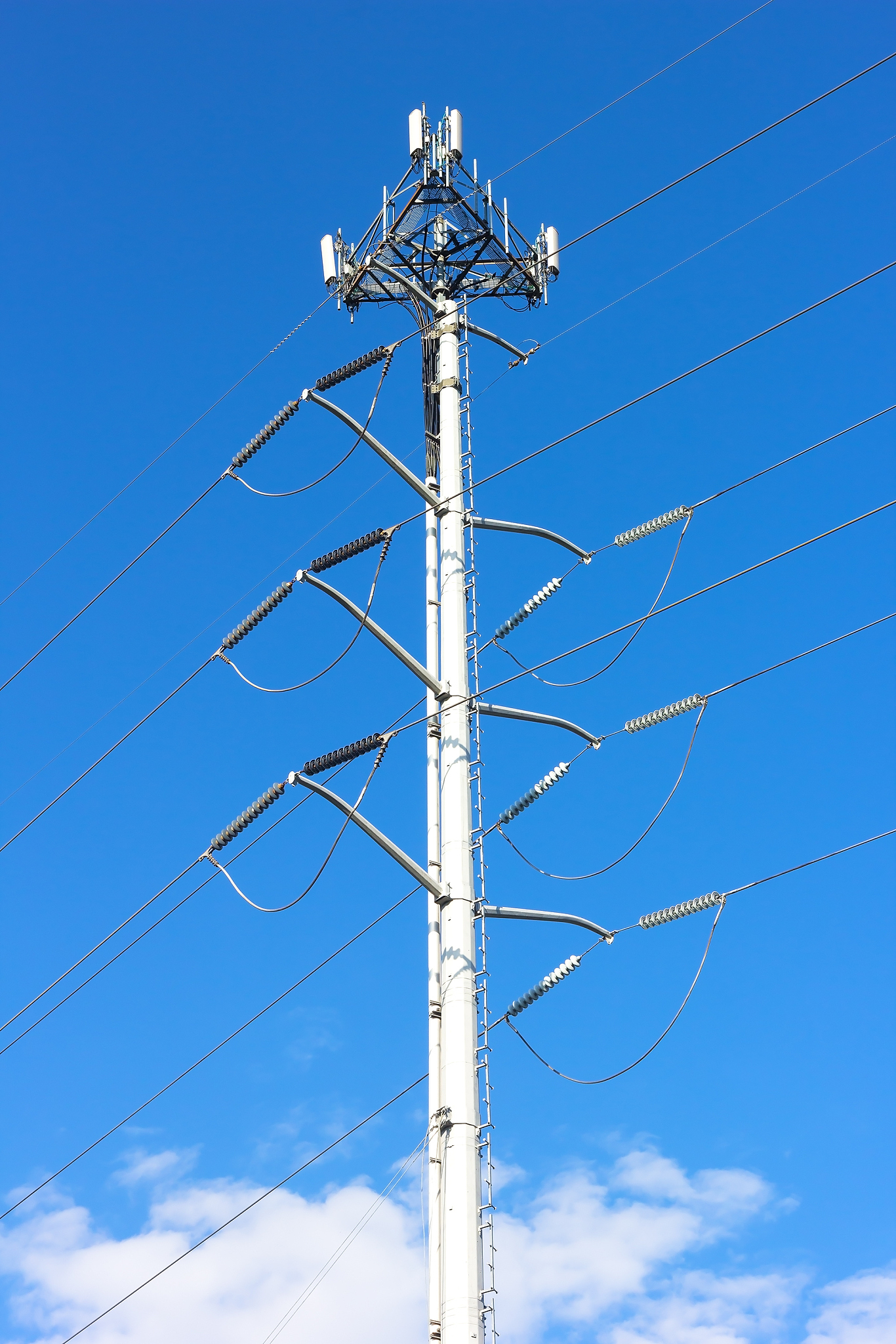 power grid and telecommunication antennas on one pylon.