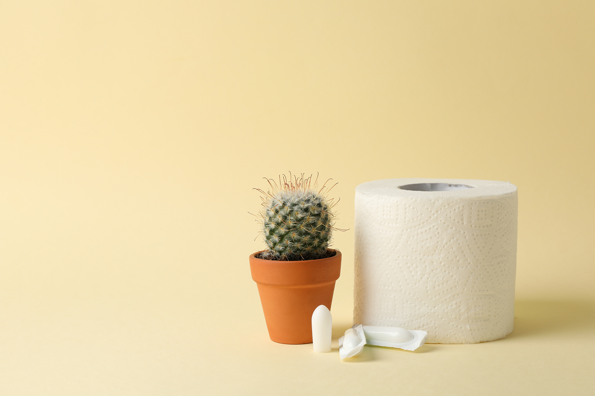 toilet paper, candles and cactus on beige background. hemorrhoid
