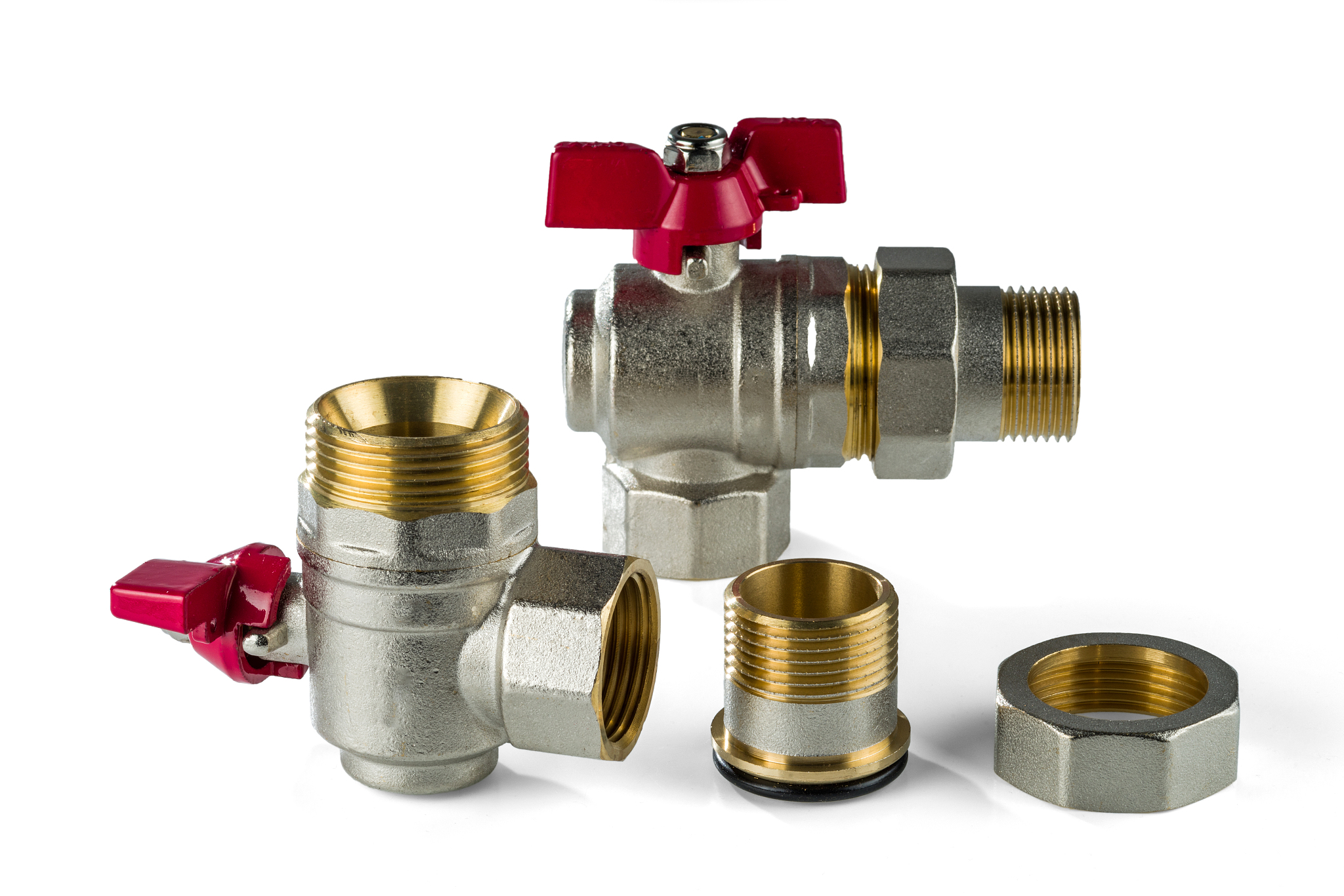 brass corner ball valve assembly and disassembled isolated on wh