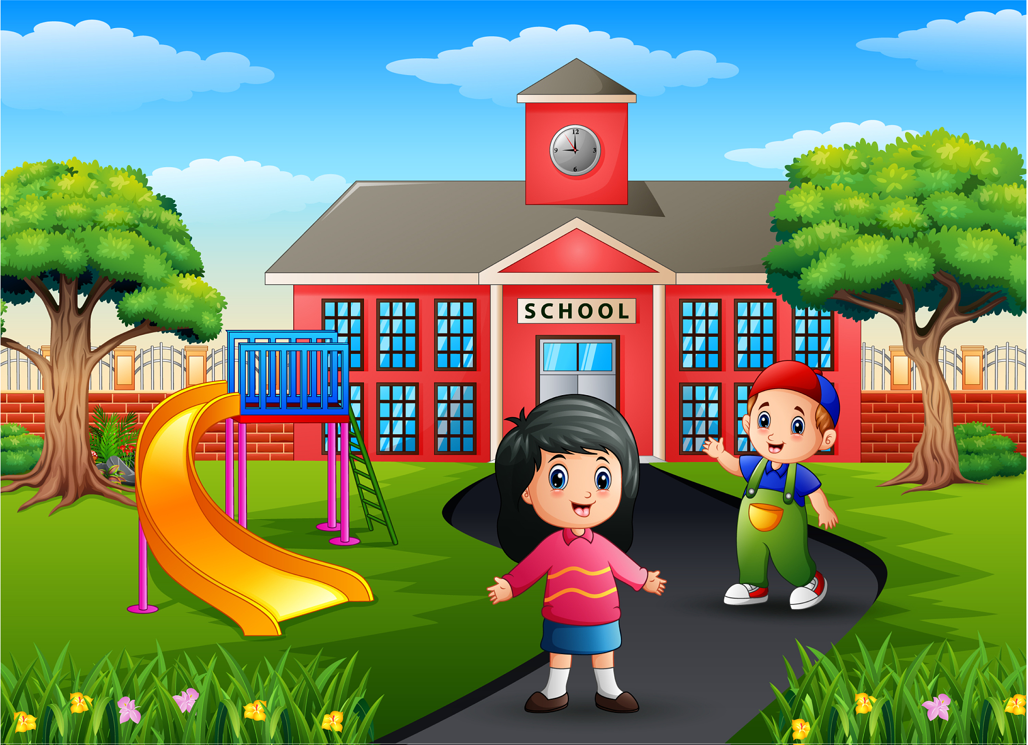 cartoon two kids going to school