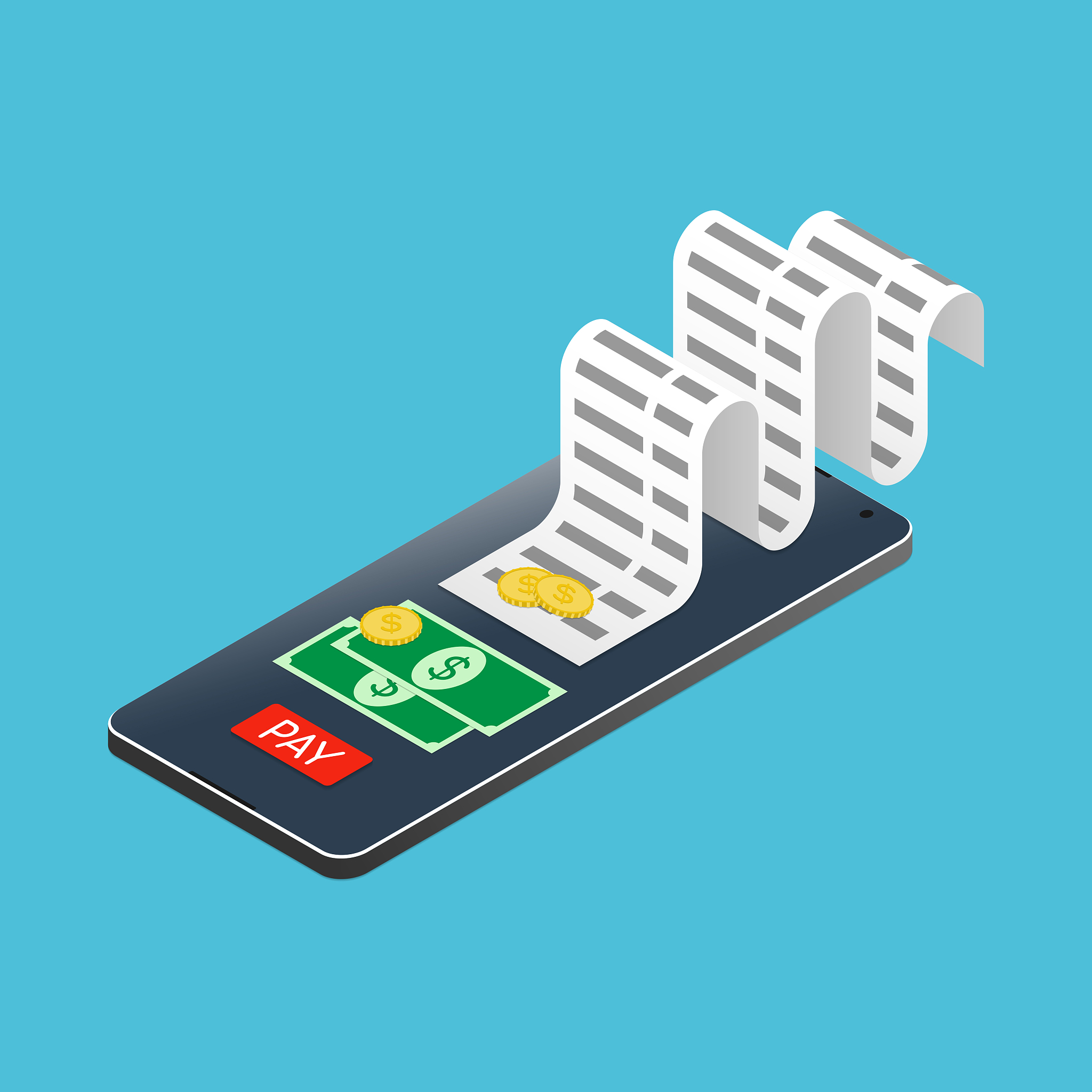online payment, electronic bill, smartphone with cash. isometric