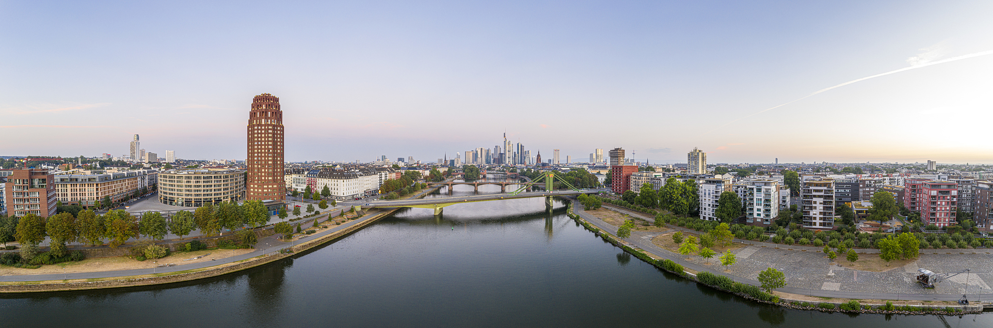 panoramic drone picture of the frankfurt skyline in the morning 