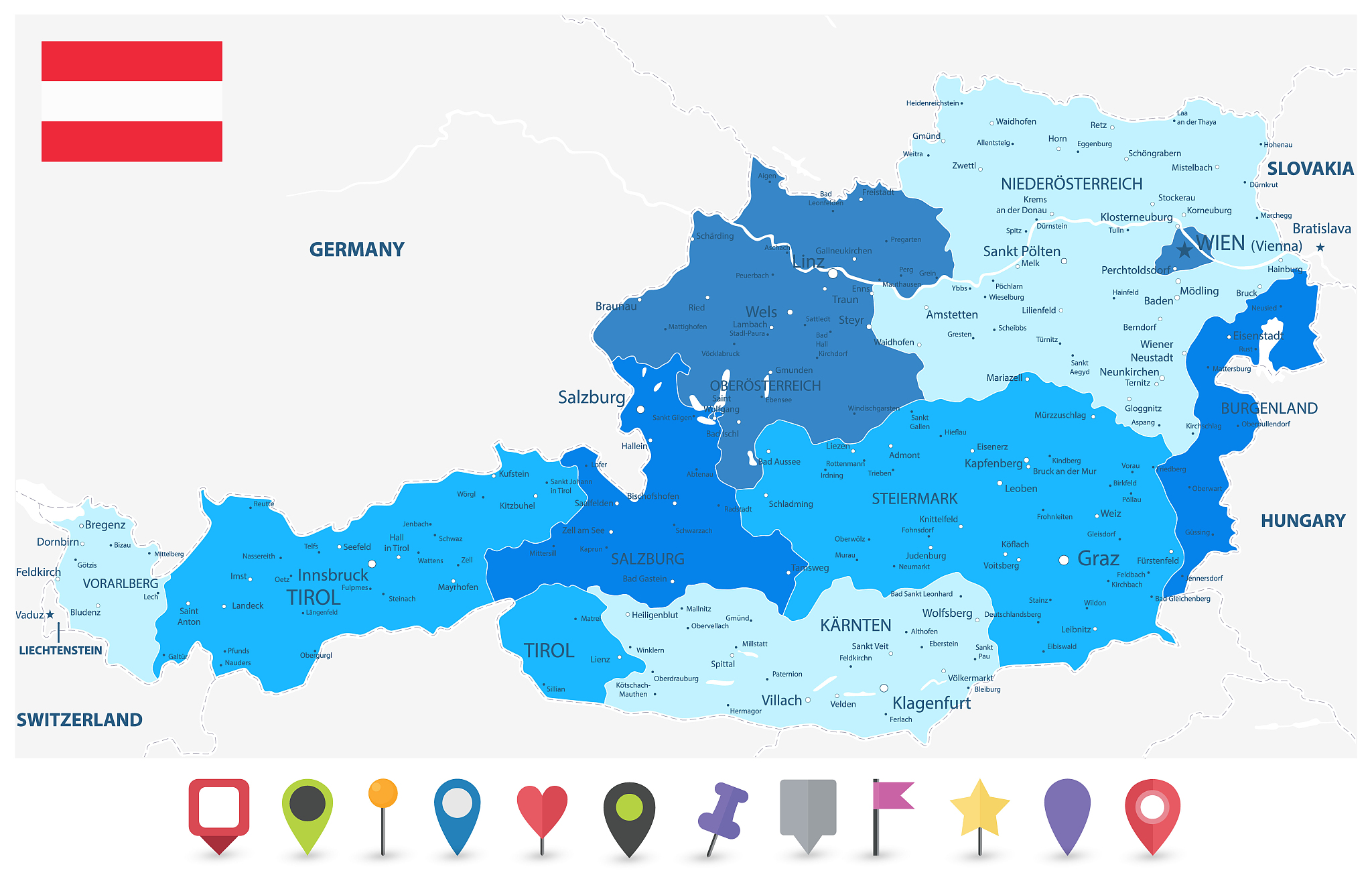 austria blue map and flat map icons
