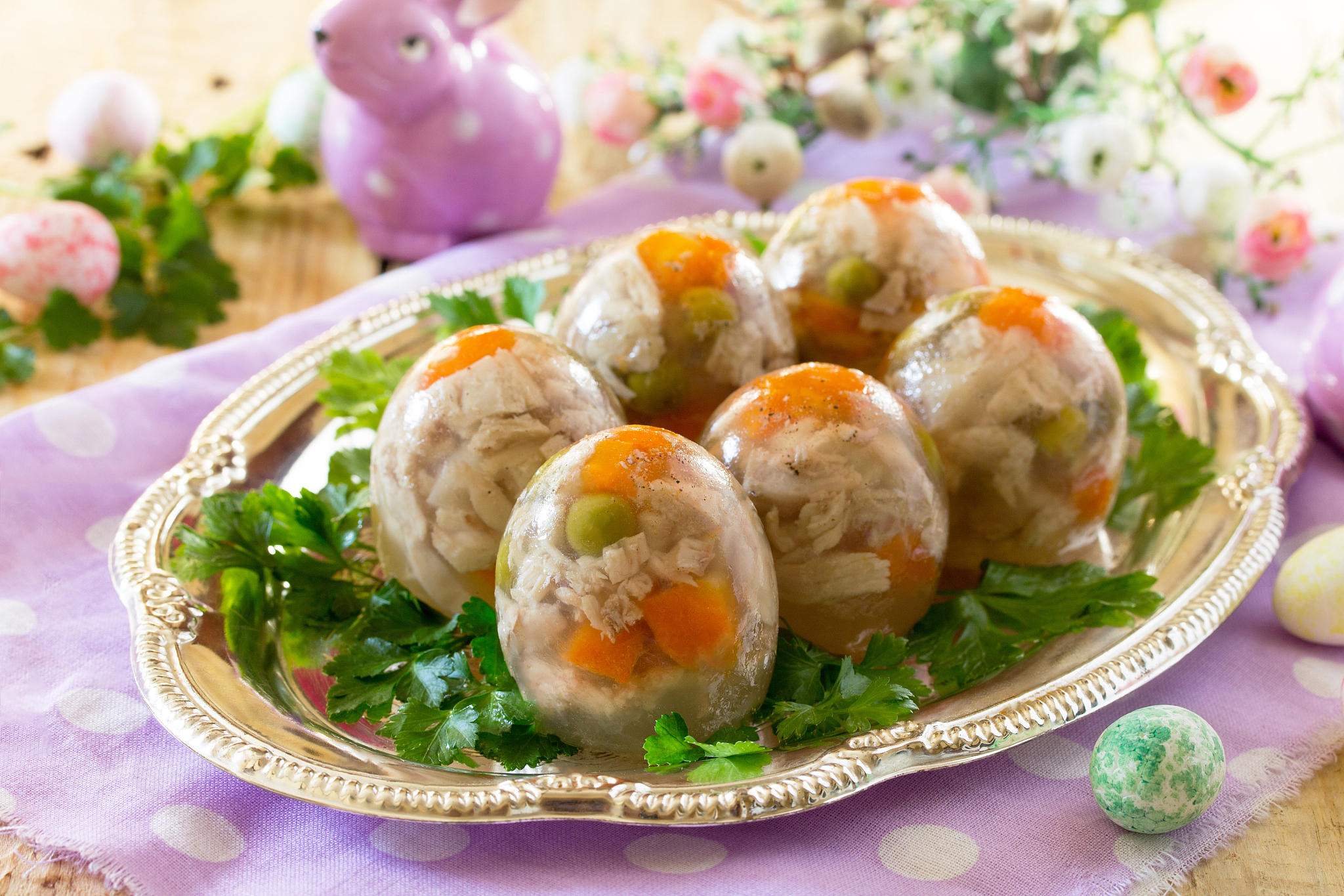 appetizer jellied eggs with carrots and green peas, jelly meat