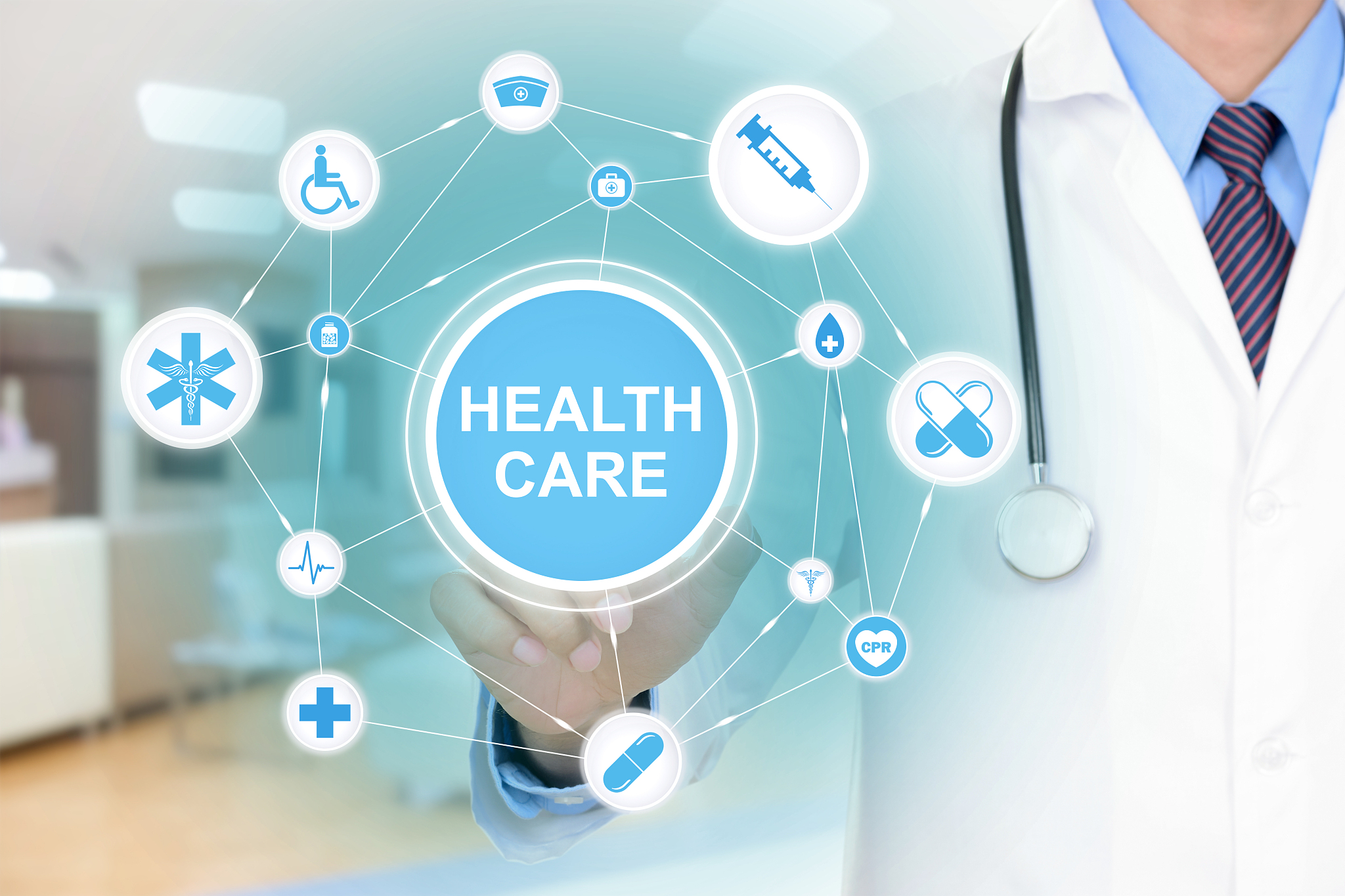 doctor hand touching  healthcare words on virtual screen
