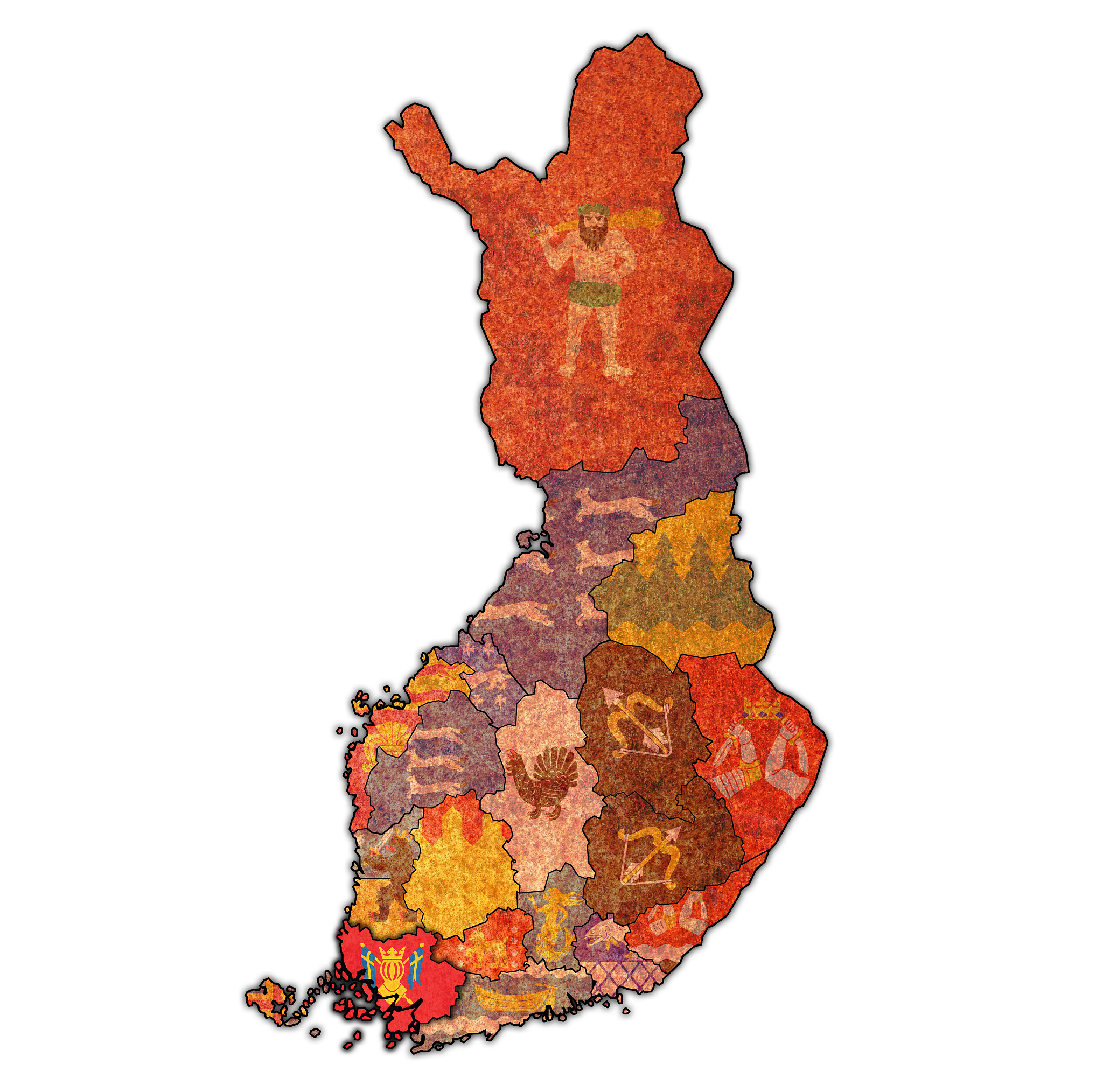 flag of southwest finland region on administration map of finlan