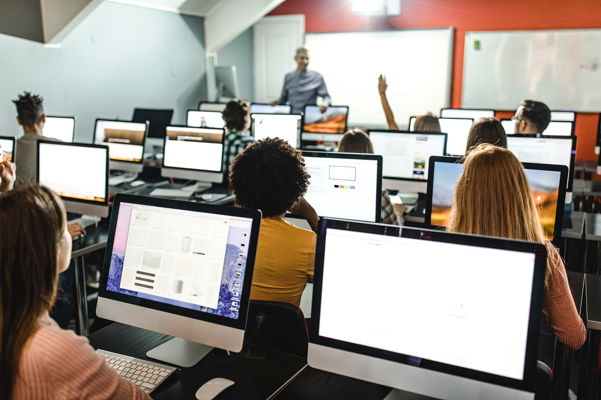 back view of group of students on a class at computer lab.