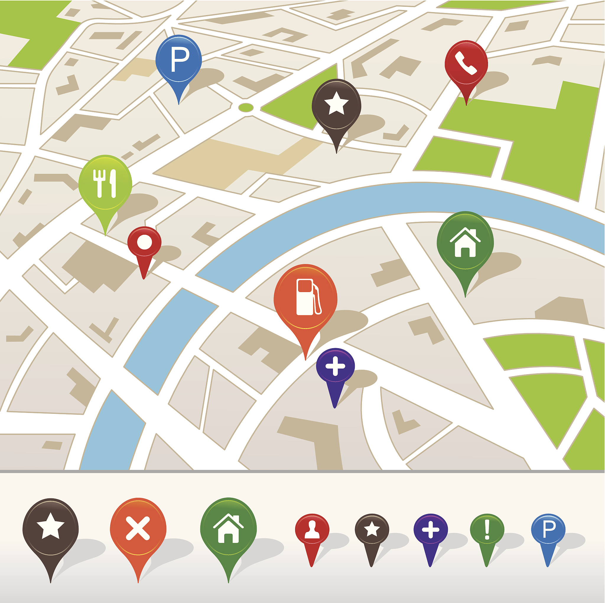 city map with navigation icons
