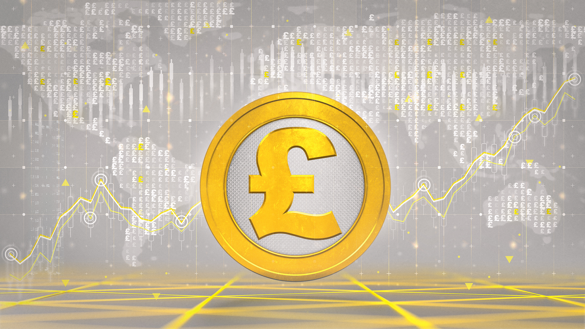 golden pound coin with economic graph charts and business analys