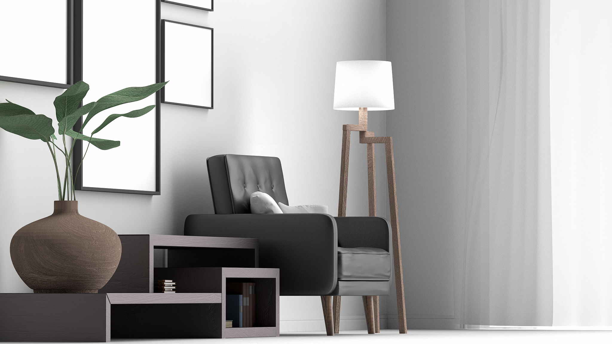 interior design simple scene with frames, 3d render