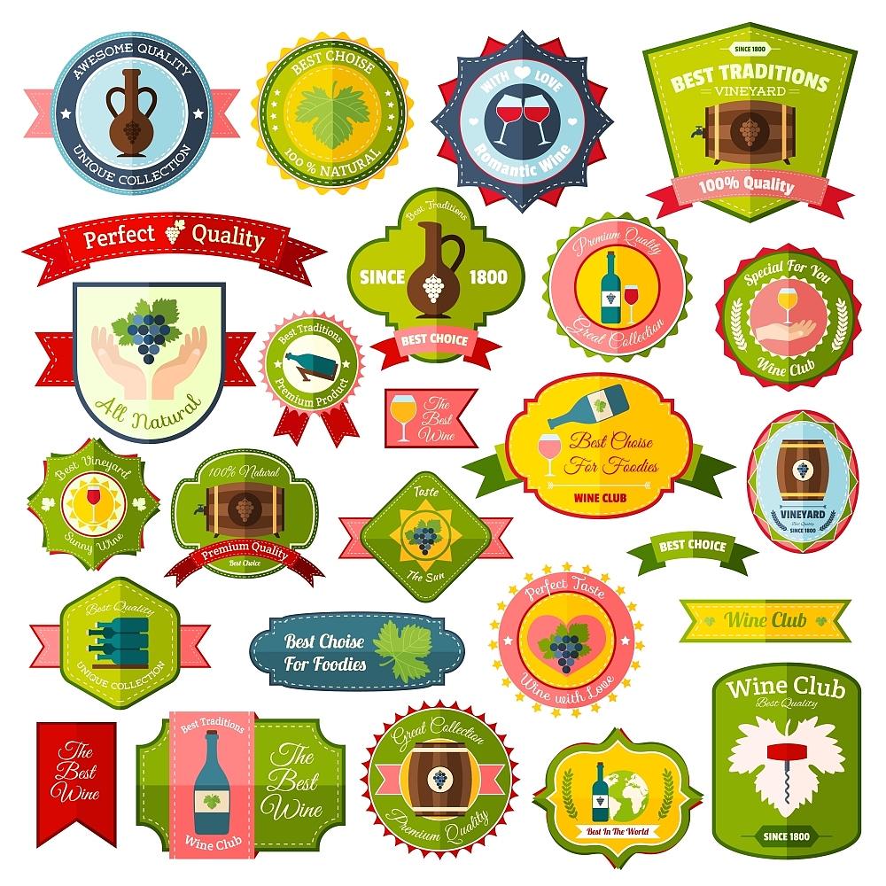 wine label emblems and ribbons flat colored set of isolated vect