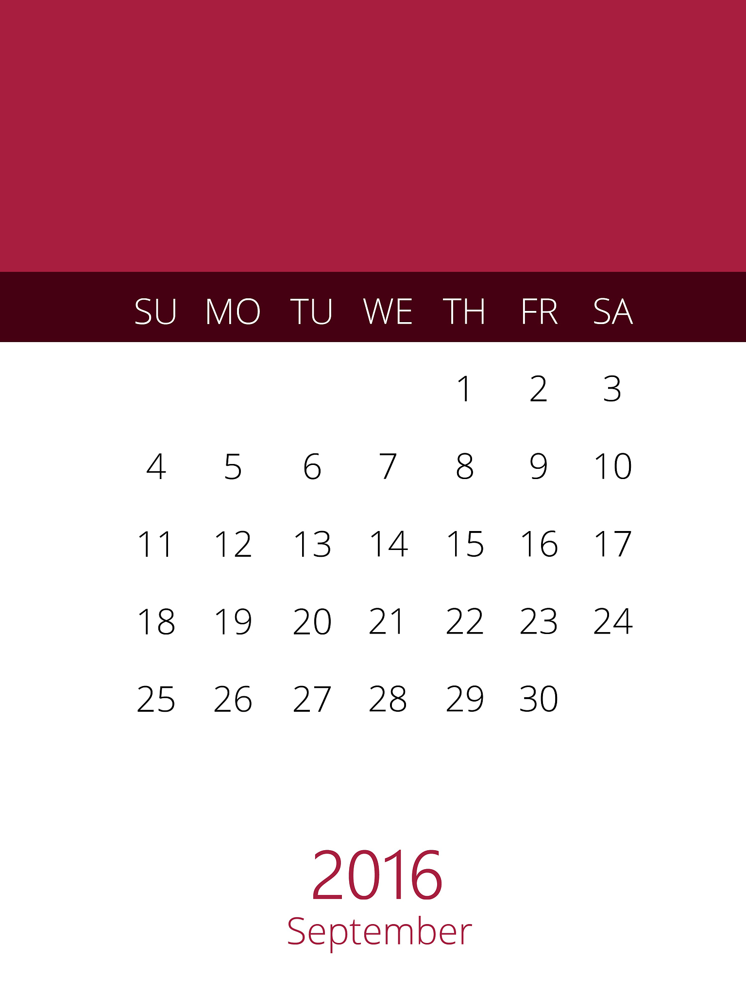 calendar of the year 2016 in white