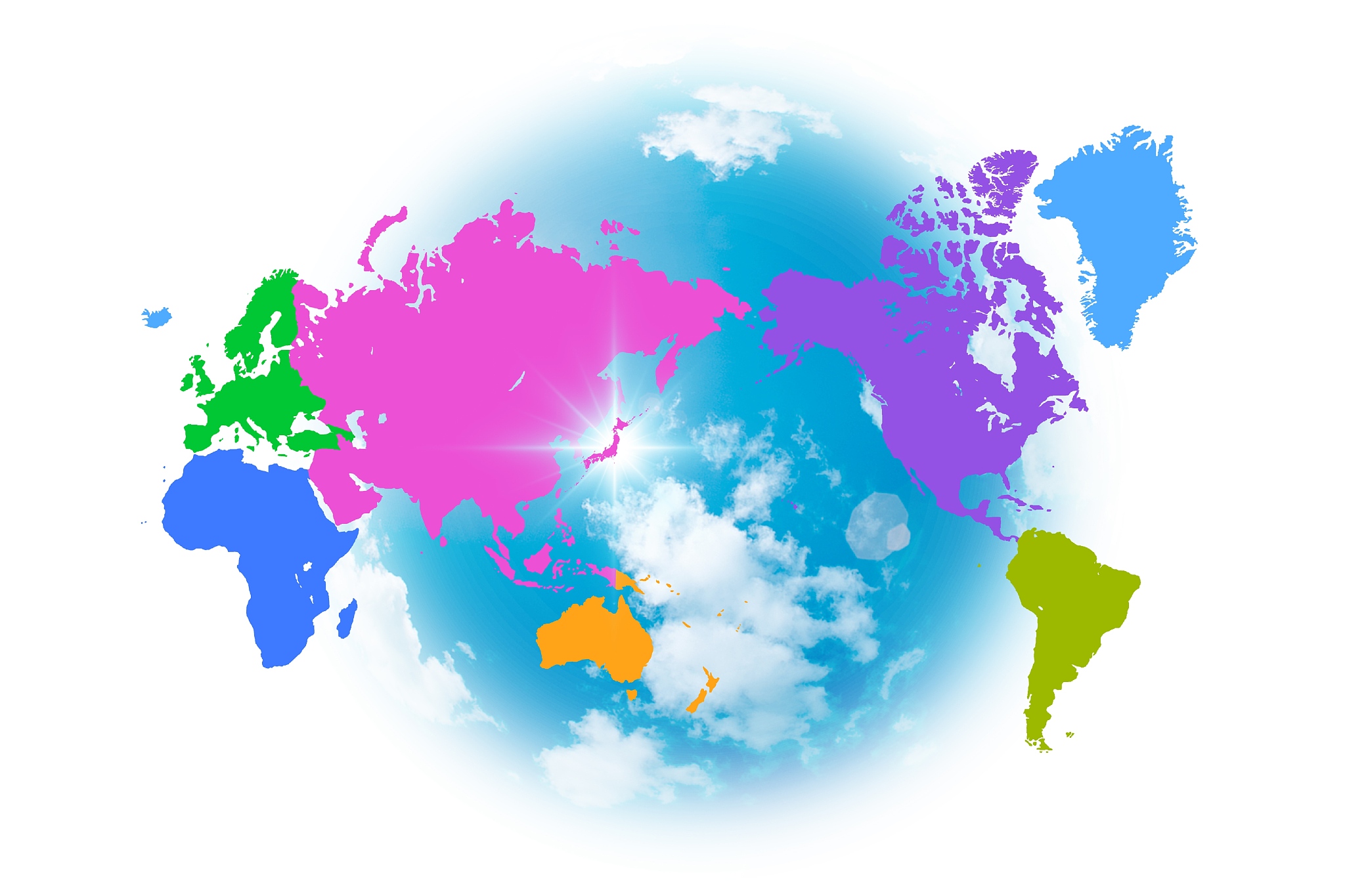 global map with continents classified by color and japan highlig