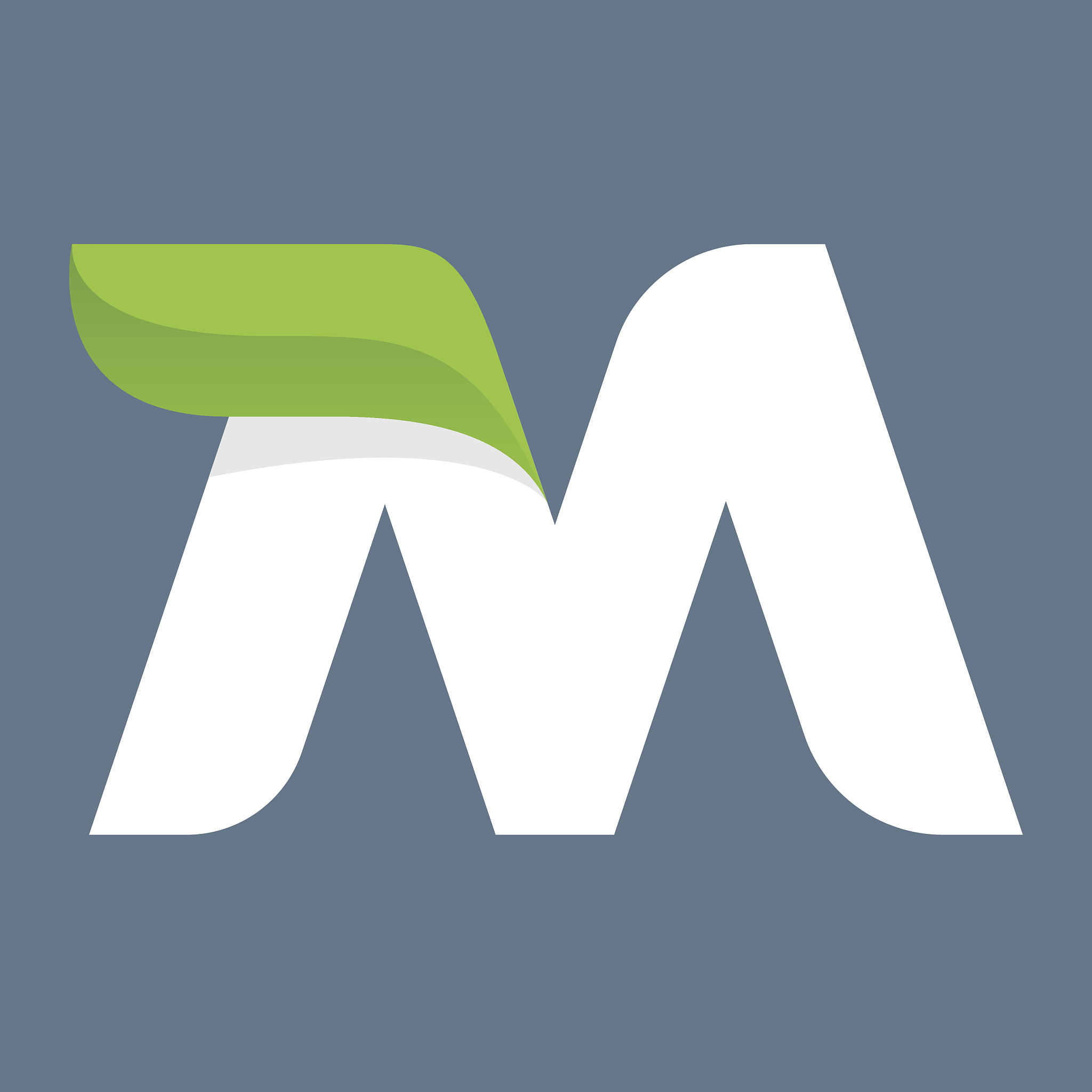 m letter icon with green leaf.