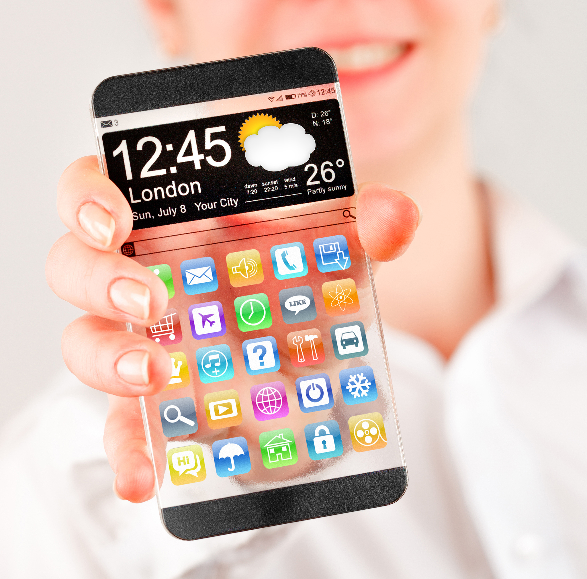 smartphone with transparent screen in human hands.