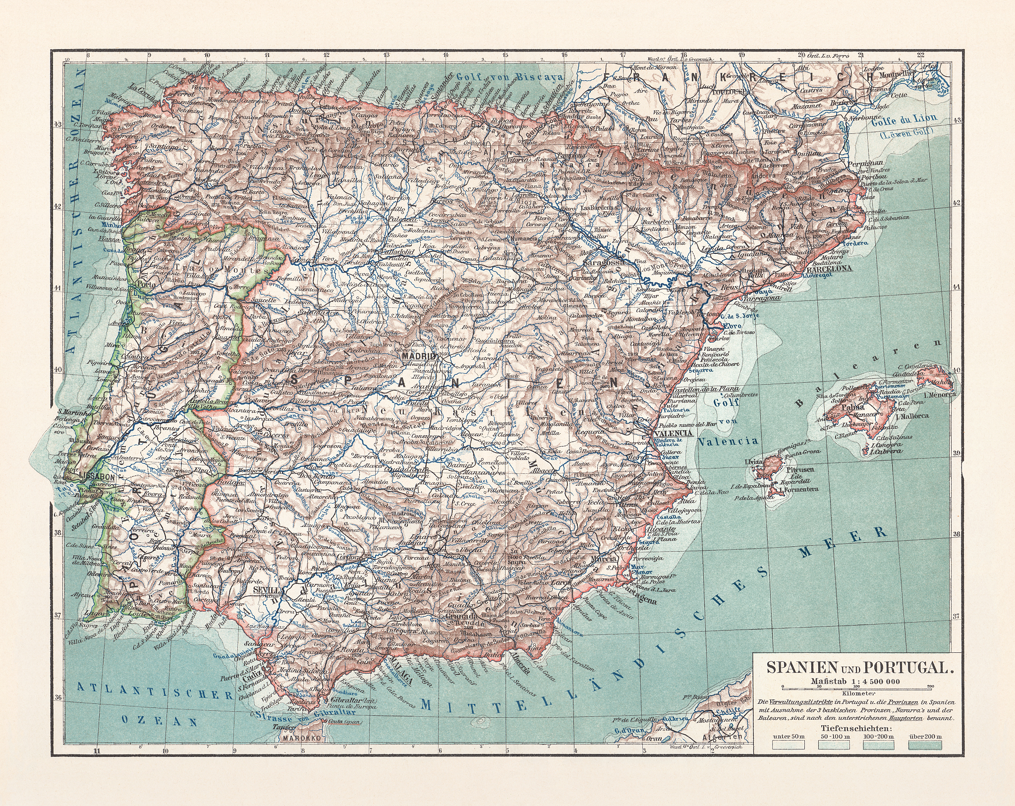 topographic map of spain and portugal, lithograph, published in 