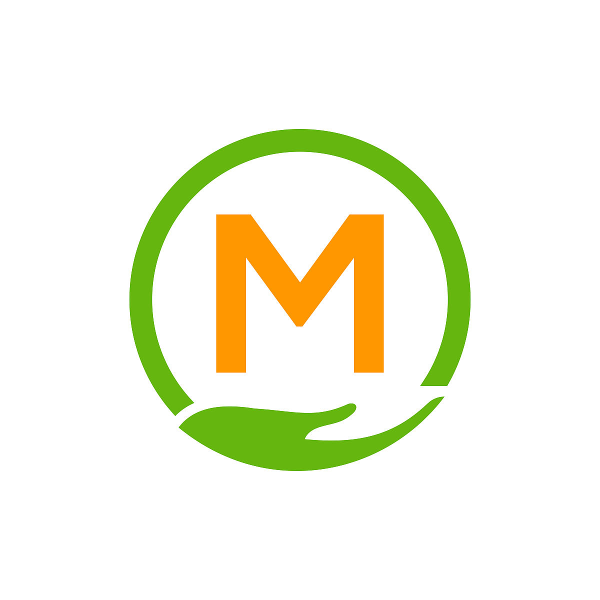慈善帮助手标志上字母m概念模板.关爱,分享,慈善,医疗卫生,捐赠机构标