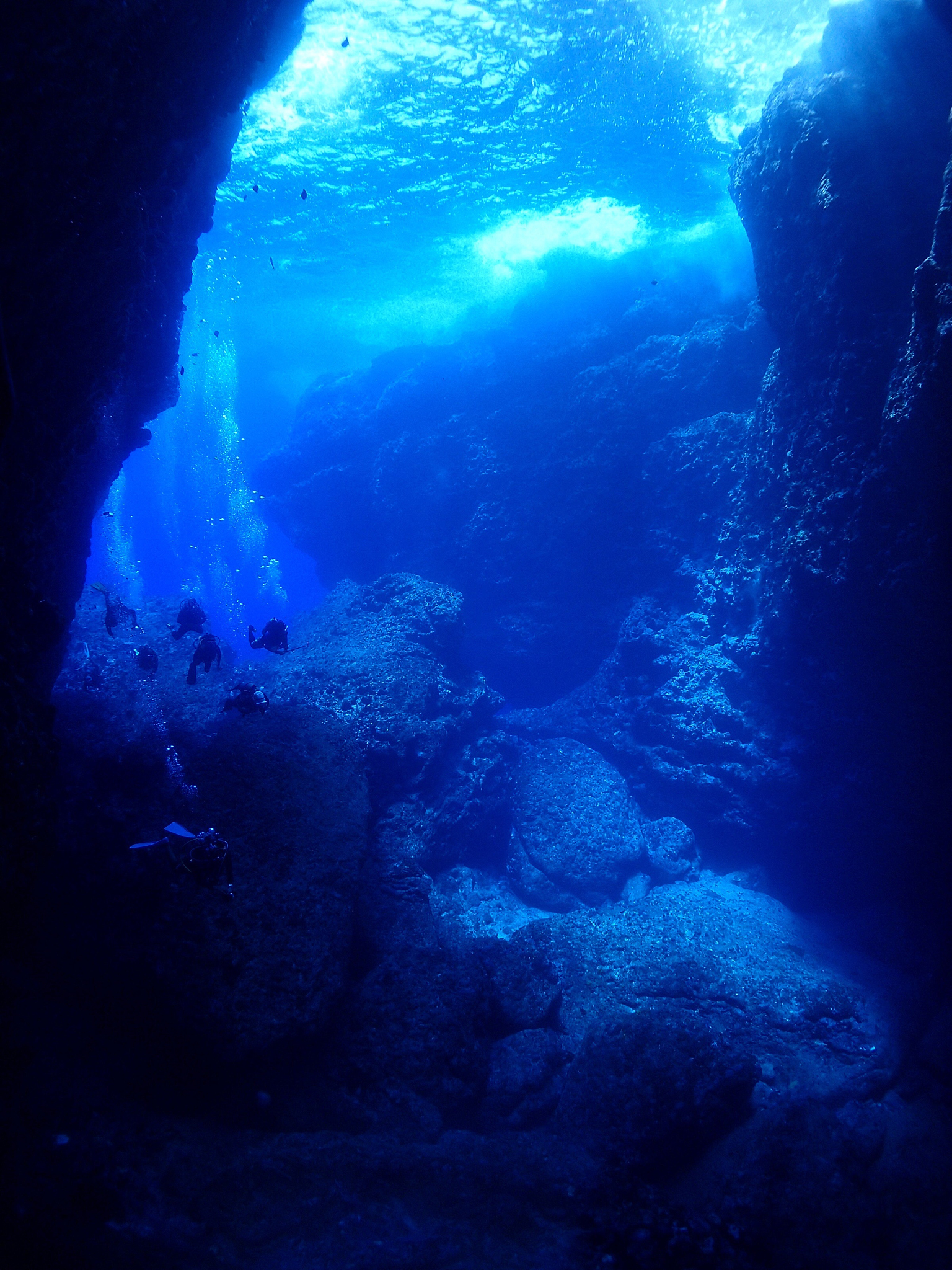 scuba divers swimming in sea