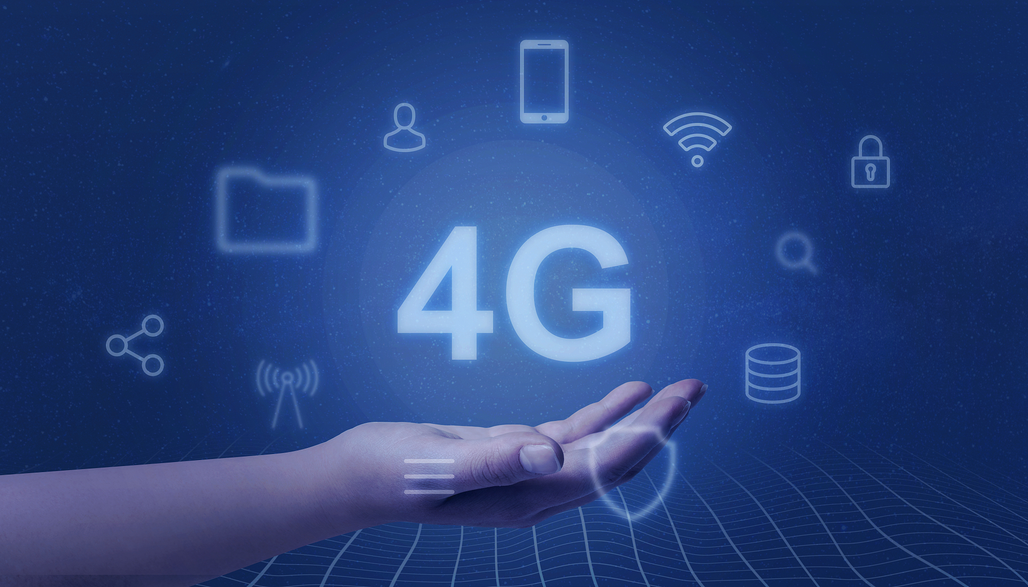 hand represents 4g. mobile network concept. surrounded by icons 