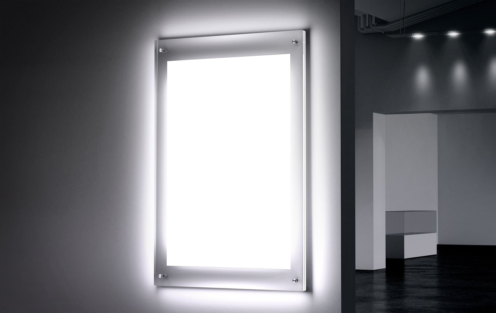 blank white illuminated poster mock up in dark hall