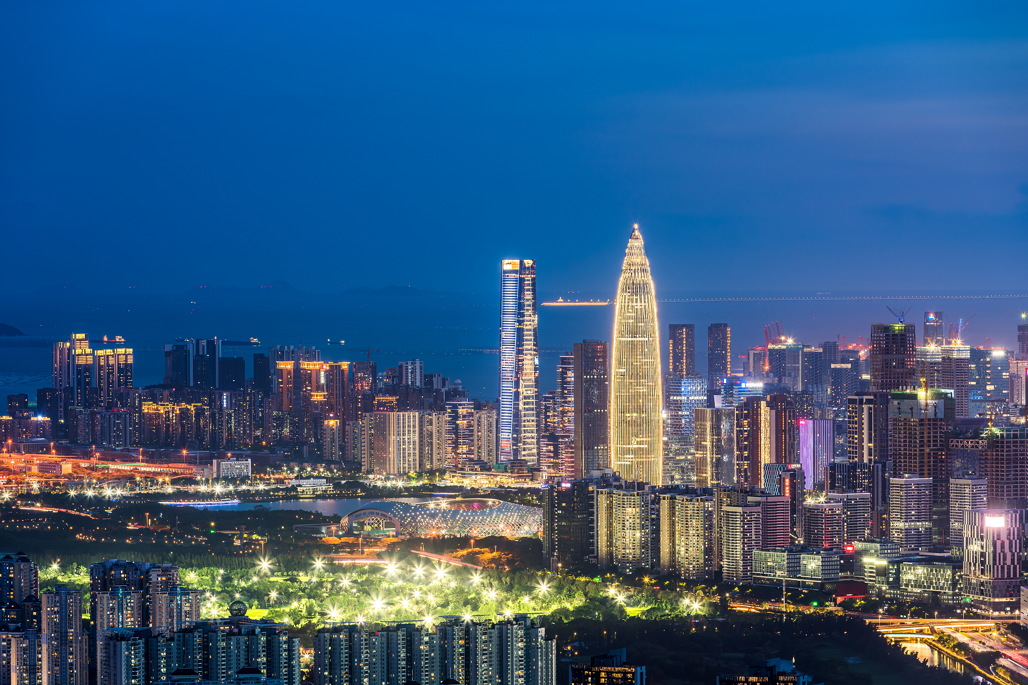 中国广东省深圳南山区城市天际线夜景