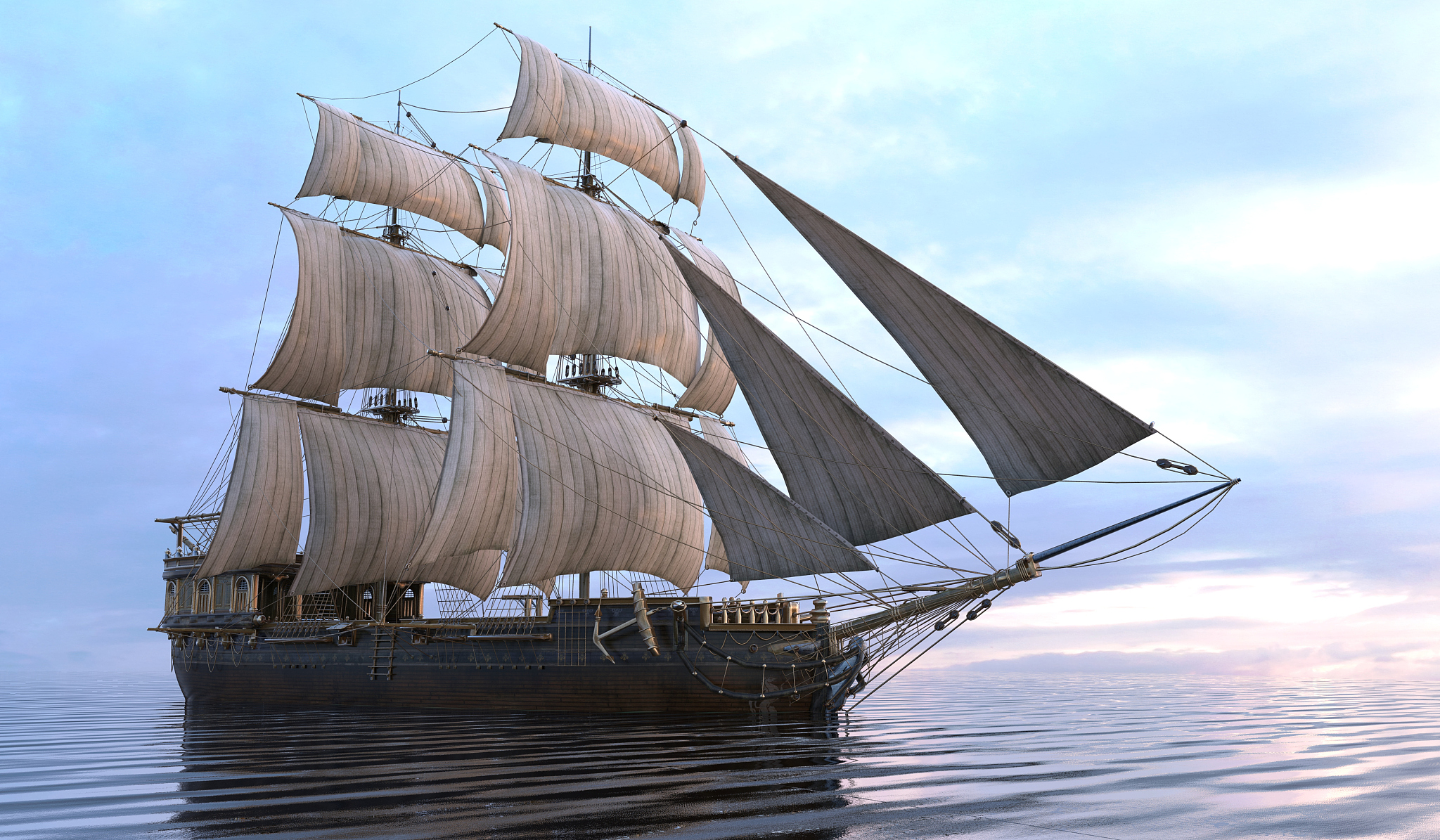 old sailboat on the sea 3d illustration