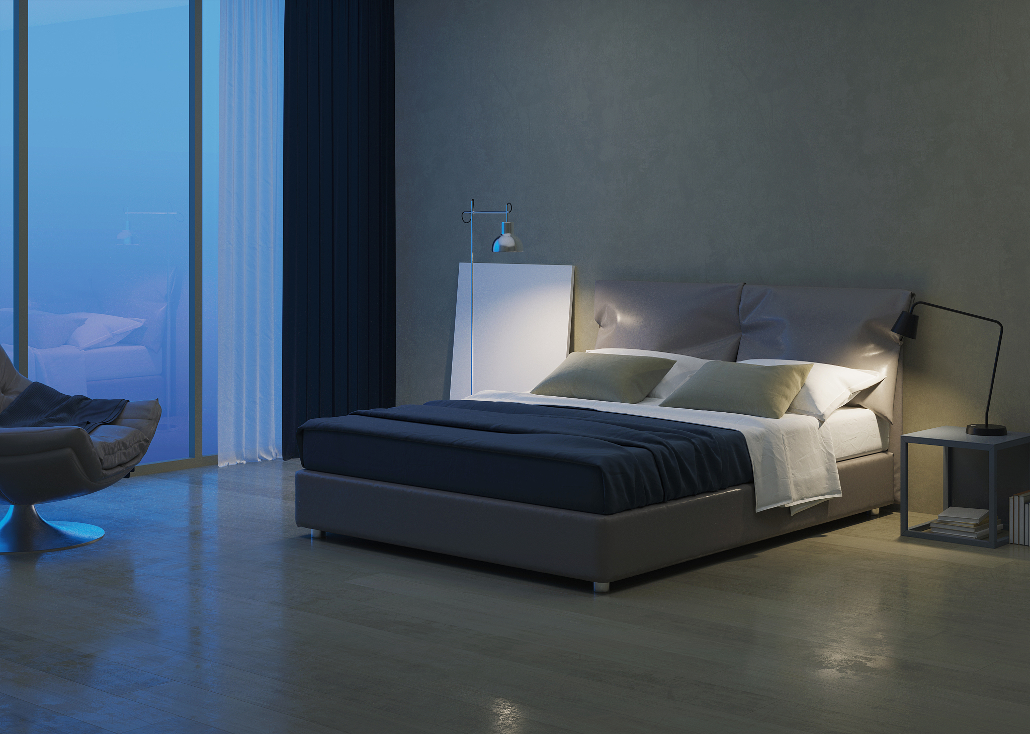 modern house interior. bedroom interior design. evening lighting