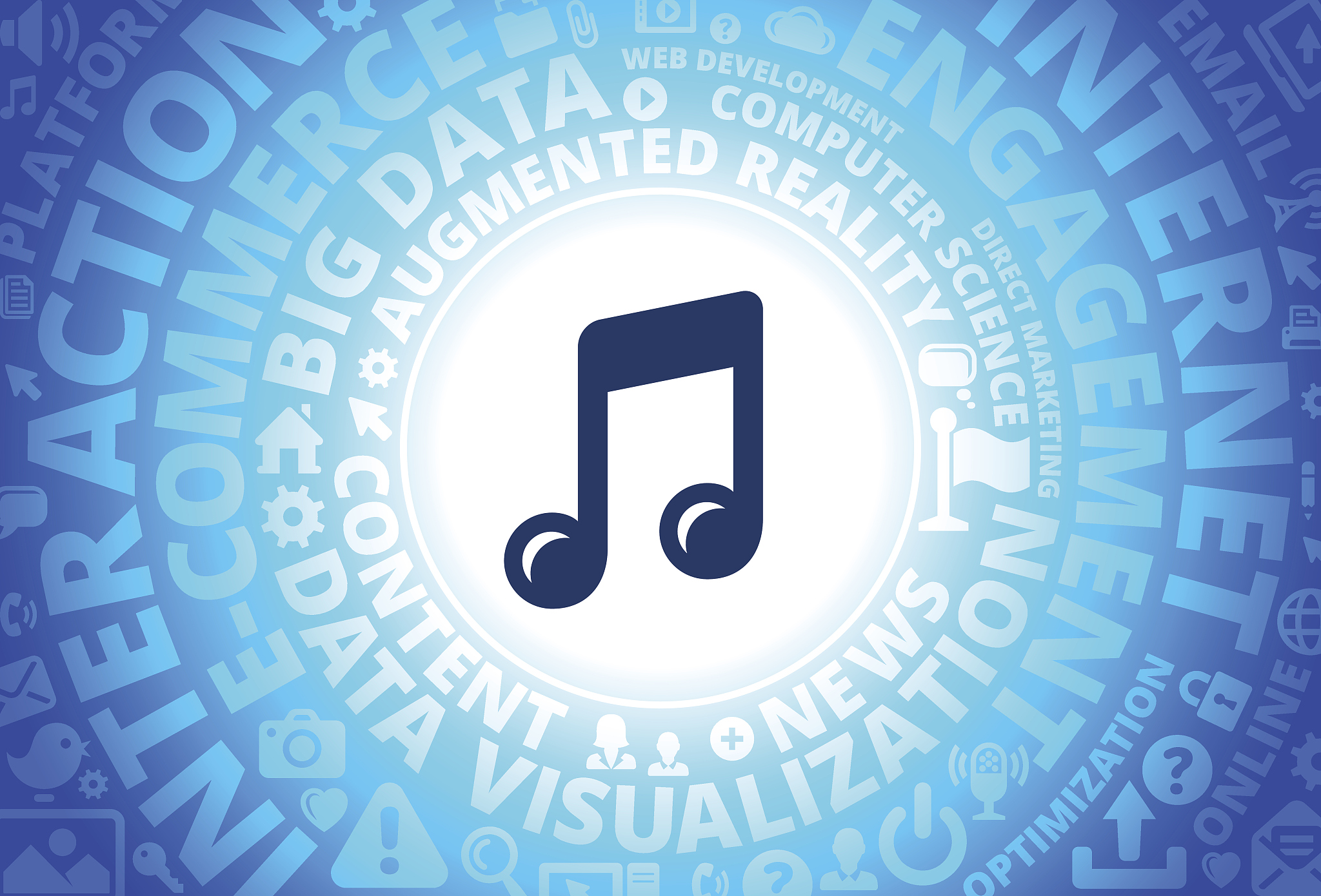 music icon on internet modern technology words background