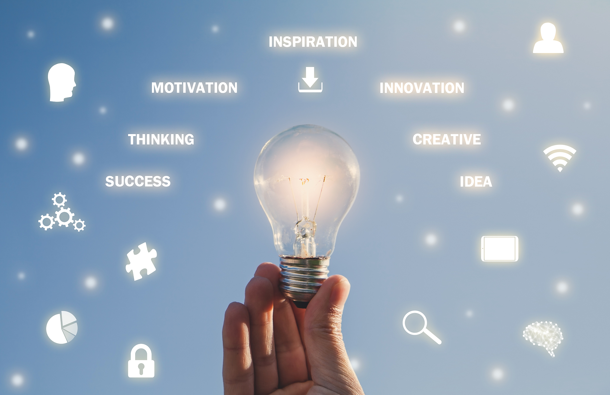 hand holding light bulb. inspiration, technology, network, innov
