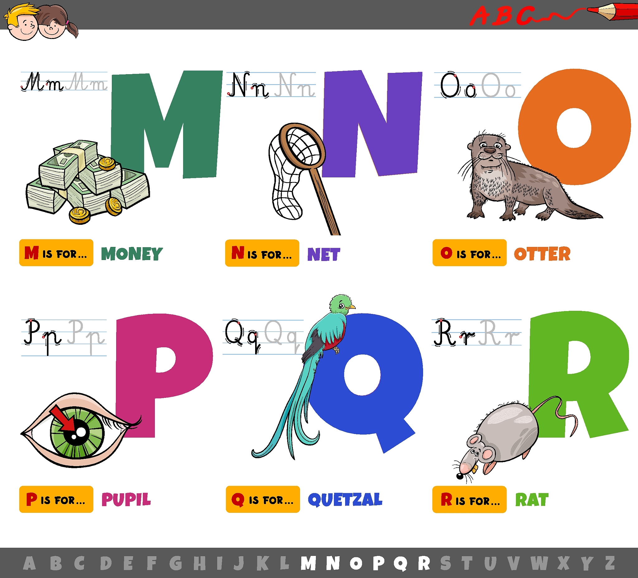 educational cartoon alphabet letters for children from m to r