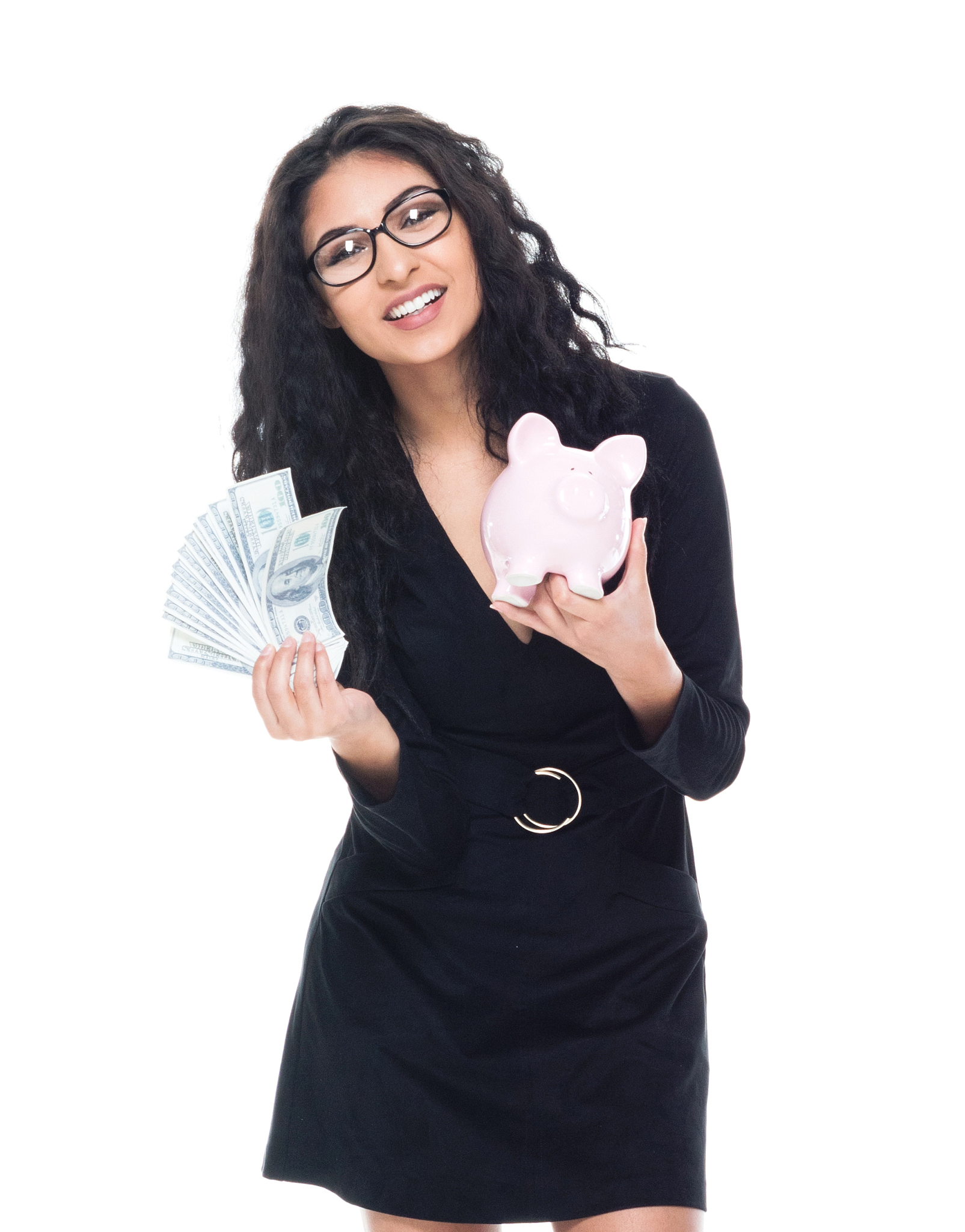 attractive latino busineswoman is holding cash and piggy bank