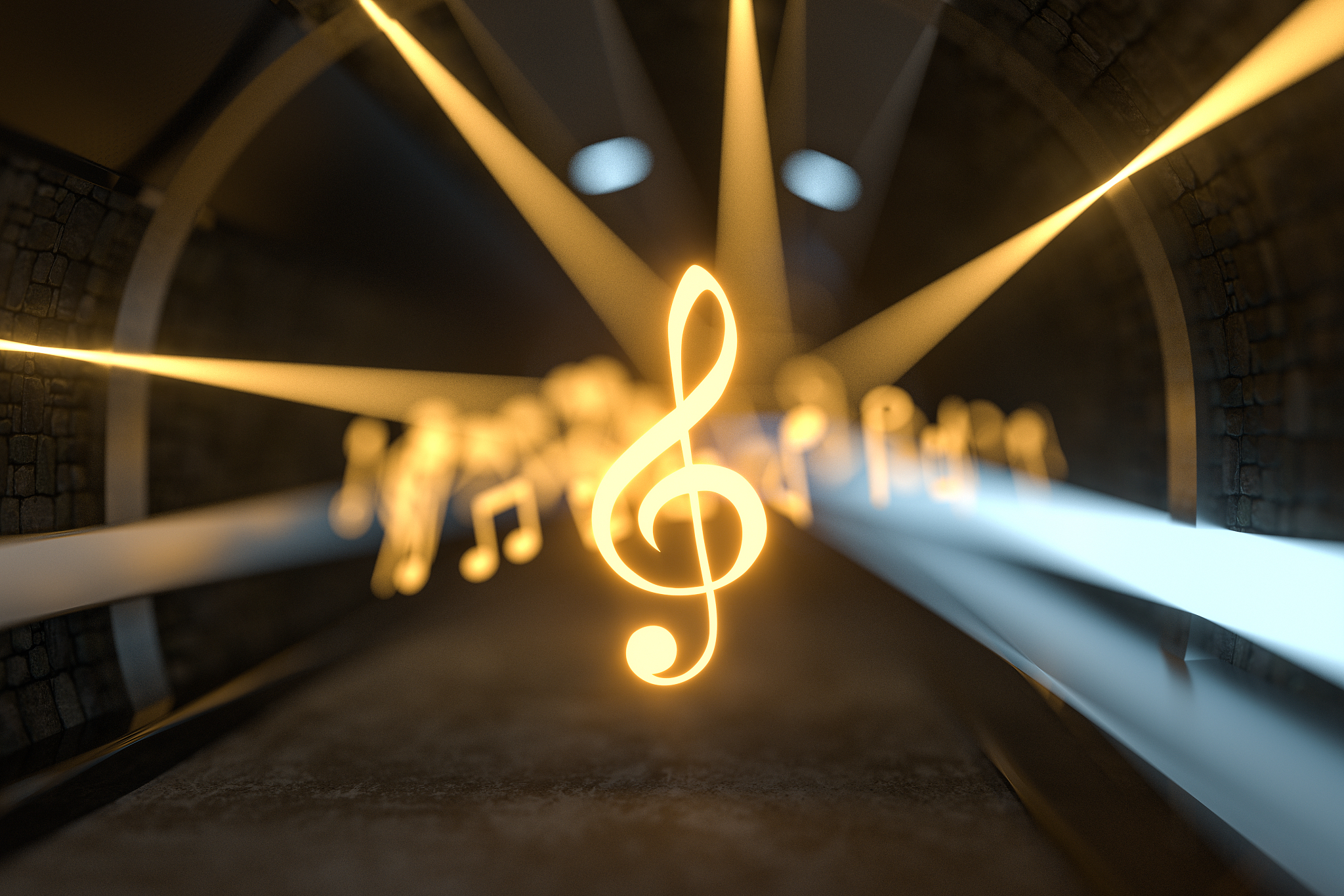 music notes with dark background, floating notes, 3d rendering.