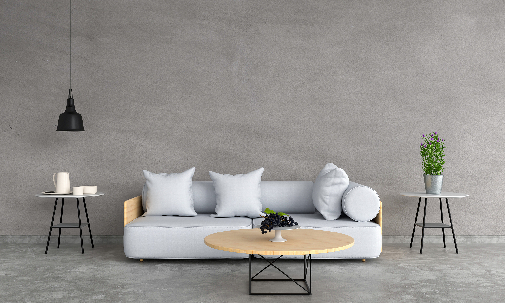 gray sofa and table in living room, 3d rendering