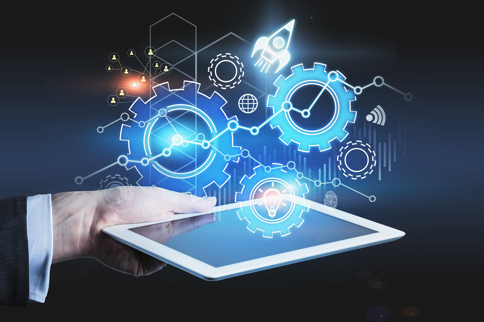 man hand with tablet, startup interface
