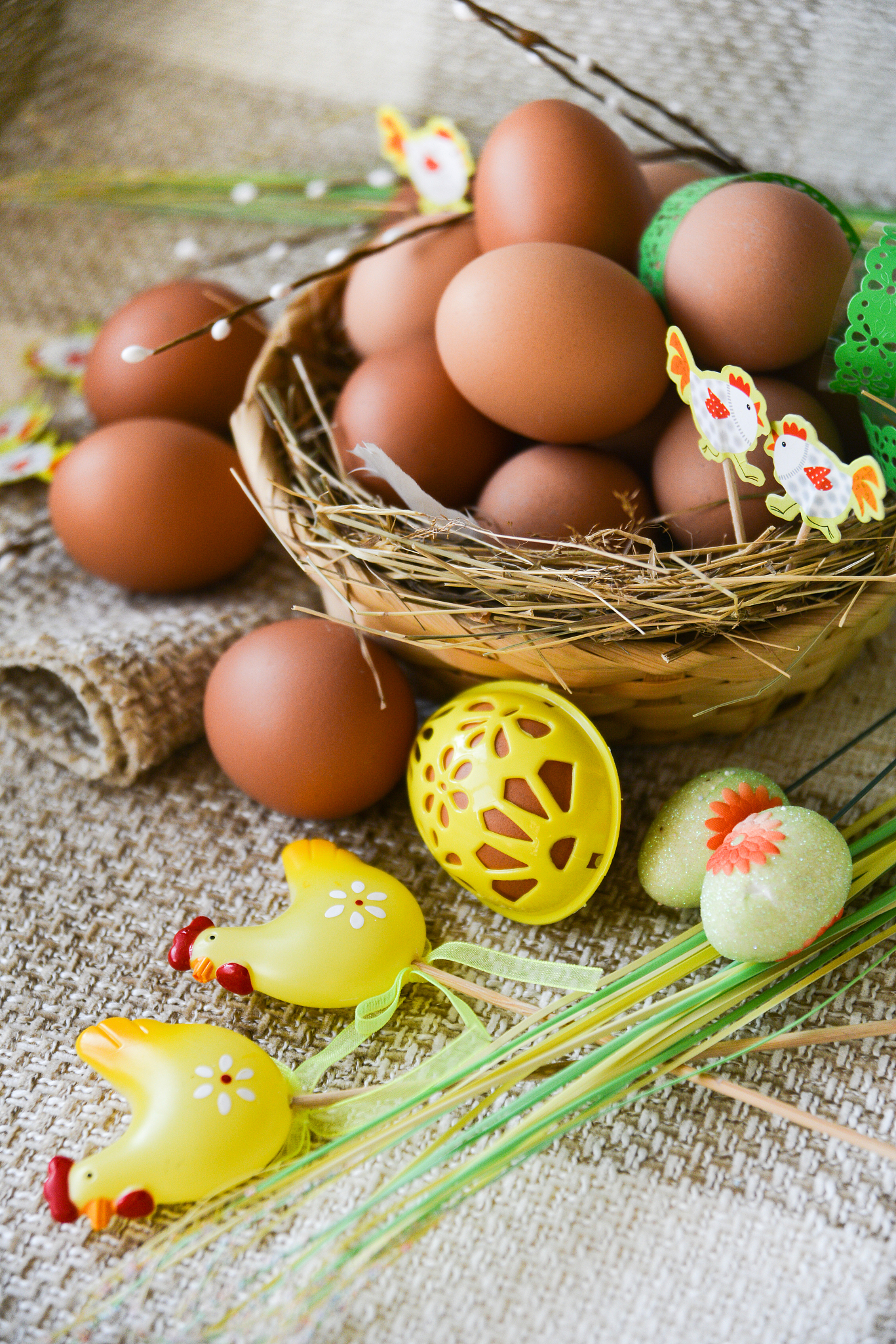 egg, easter decor on textile background, for holiday
