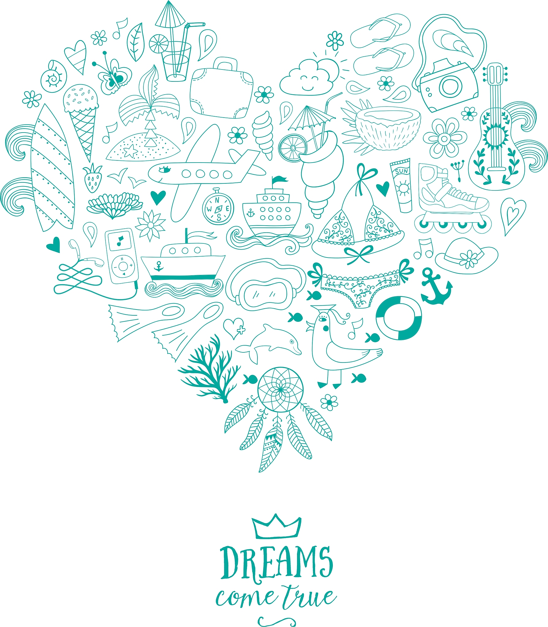 summer heart design made of doodle season elements