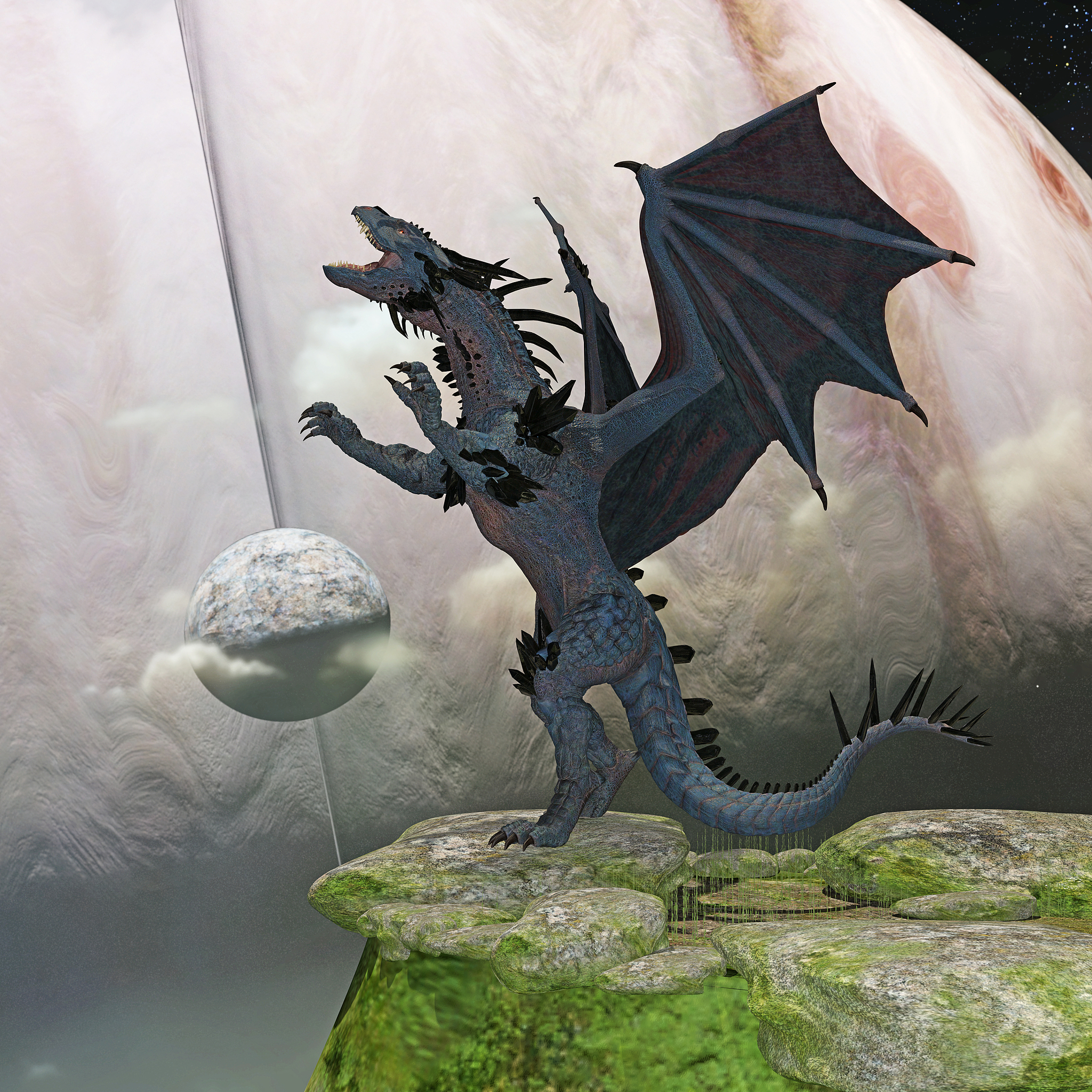 illustration of a dragon roaring on cliff boulders