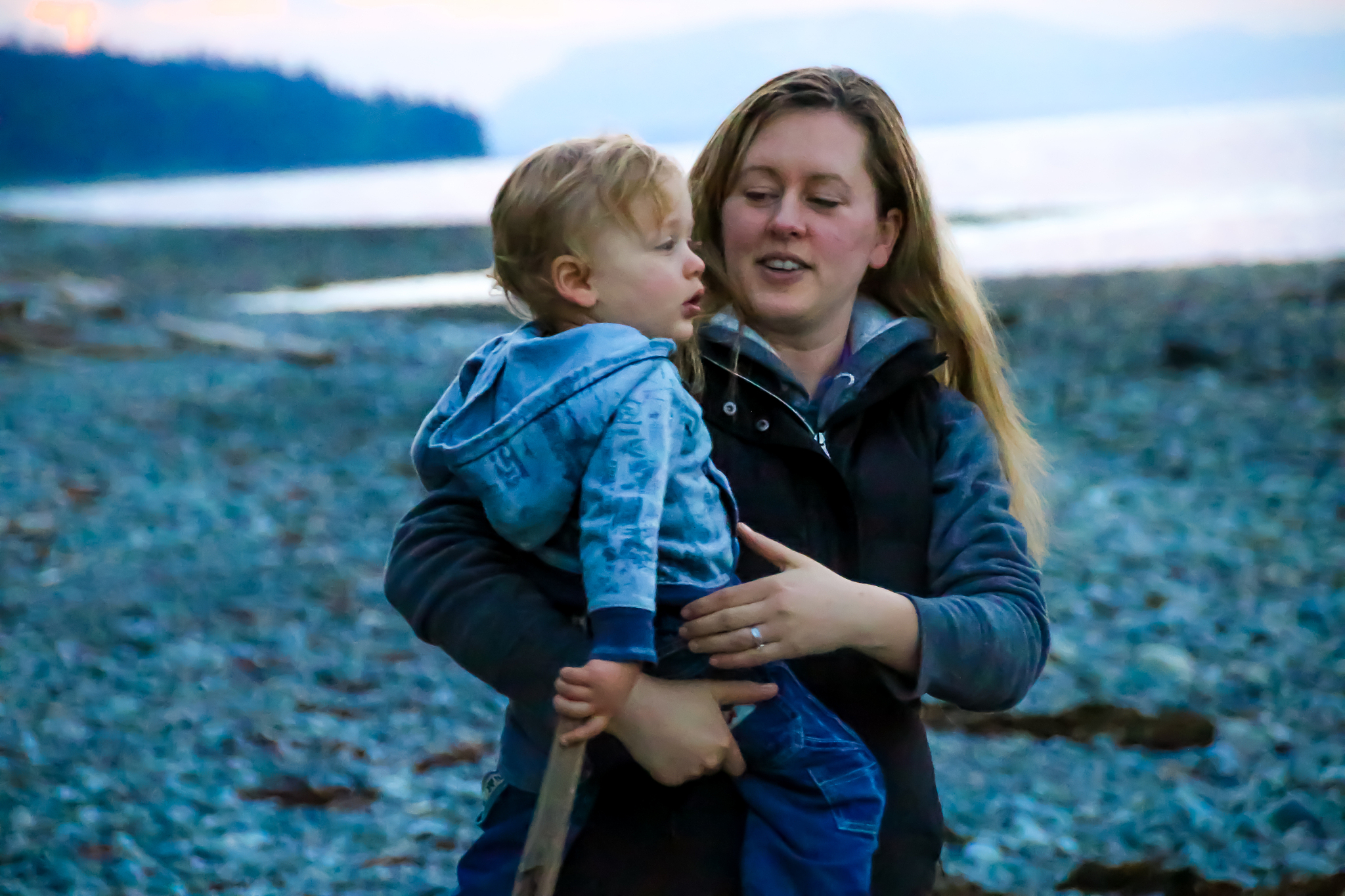 mother and son on beach hike