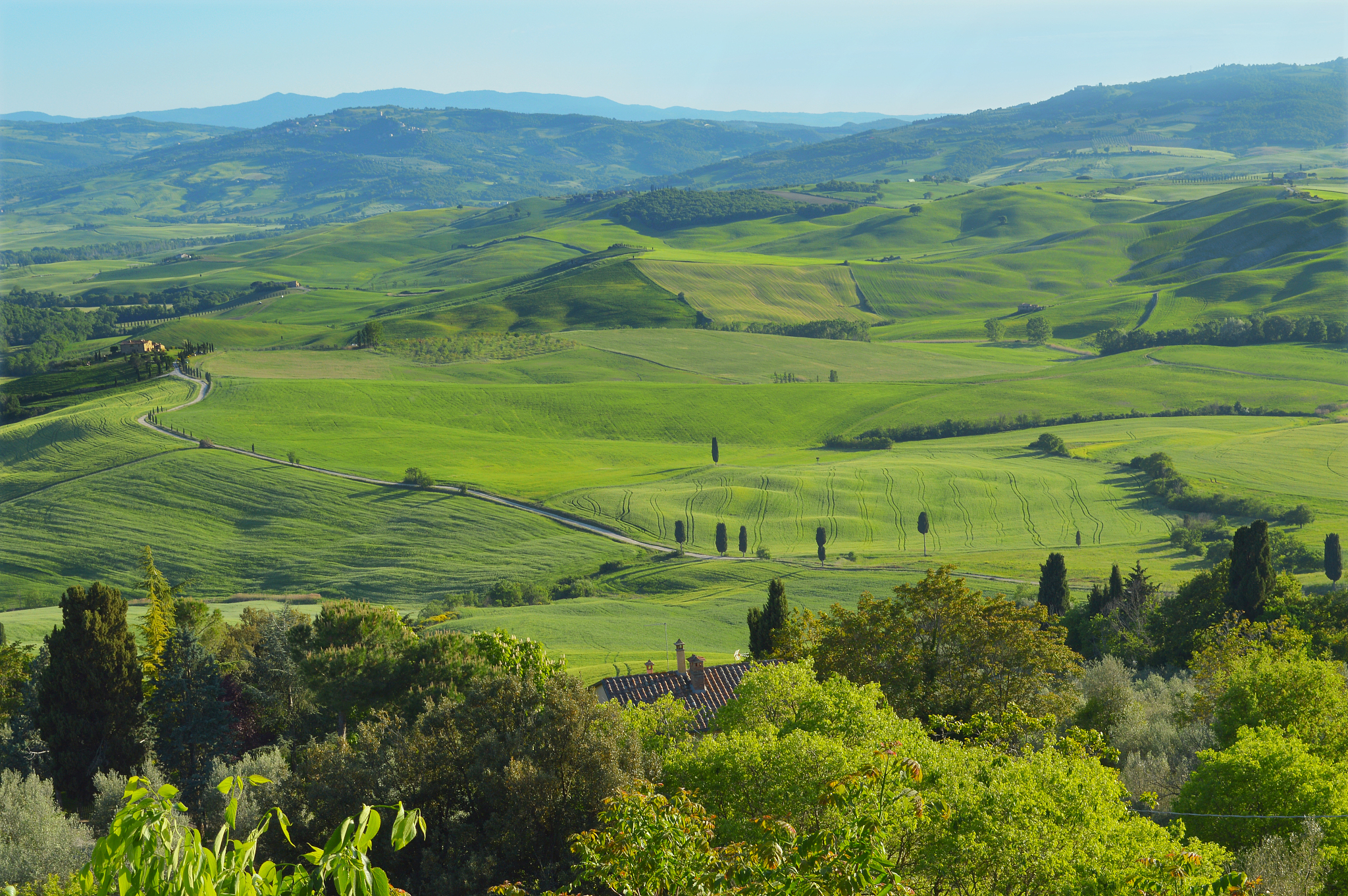 hills and rolling landscape in pienza, tuscany with top of house