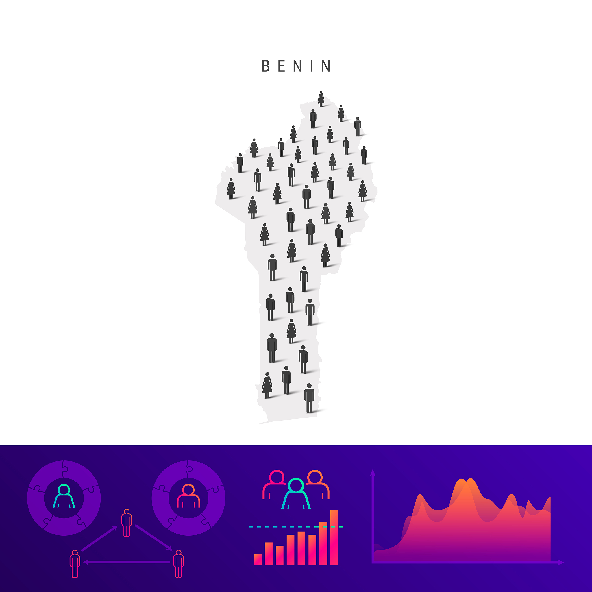 benin people map. detailed vector silhouette. mixed crowd of men