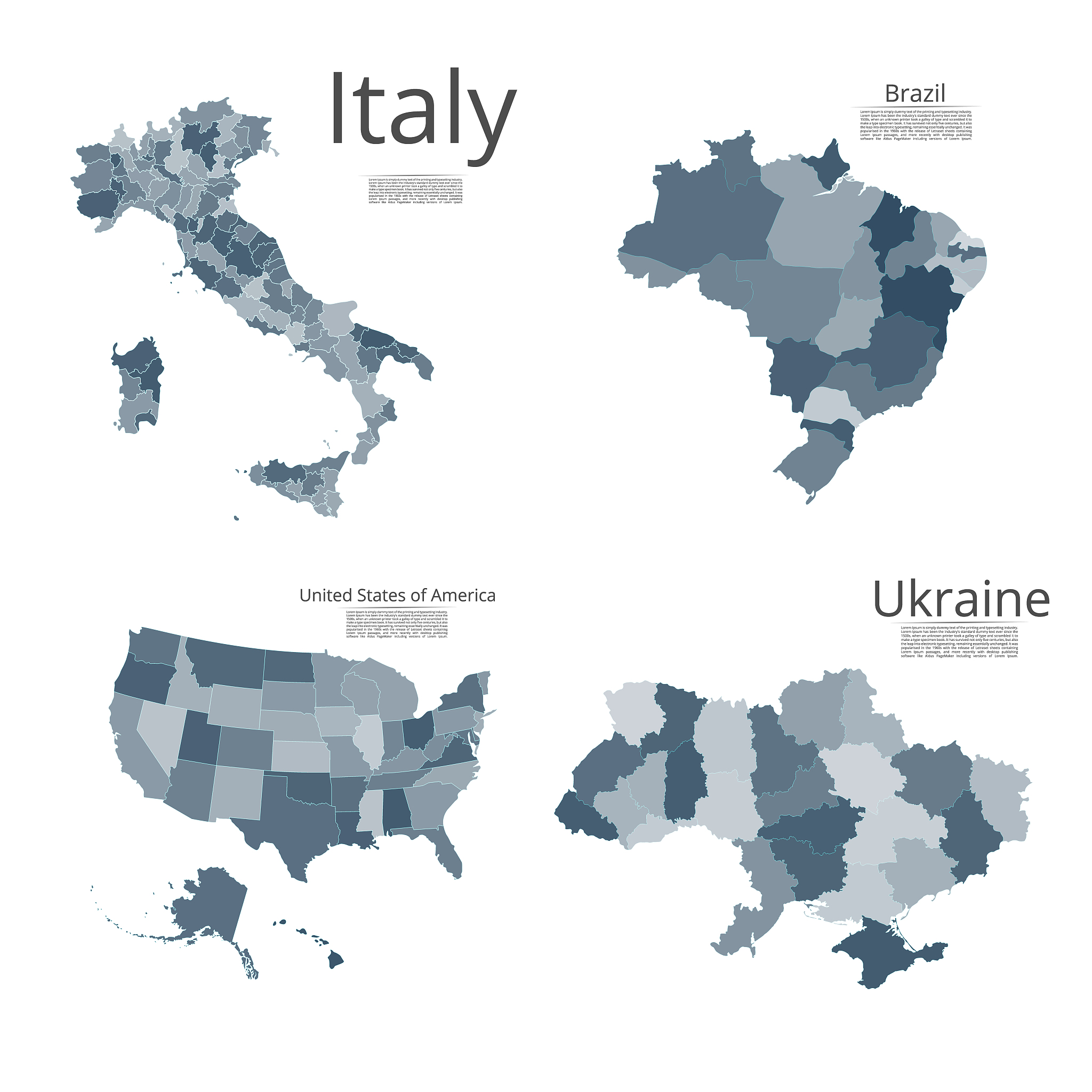 map of the italian republic, ukraine, united states of america, 